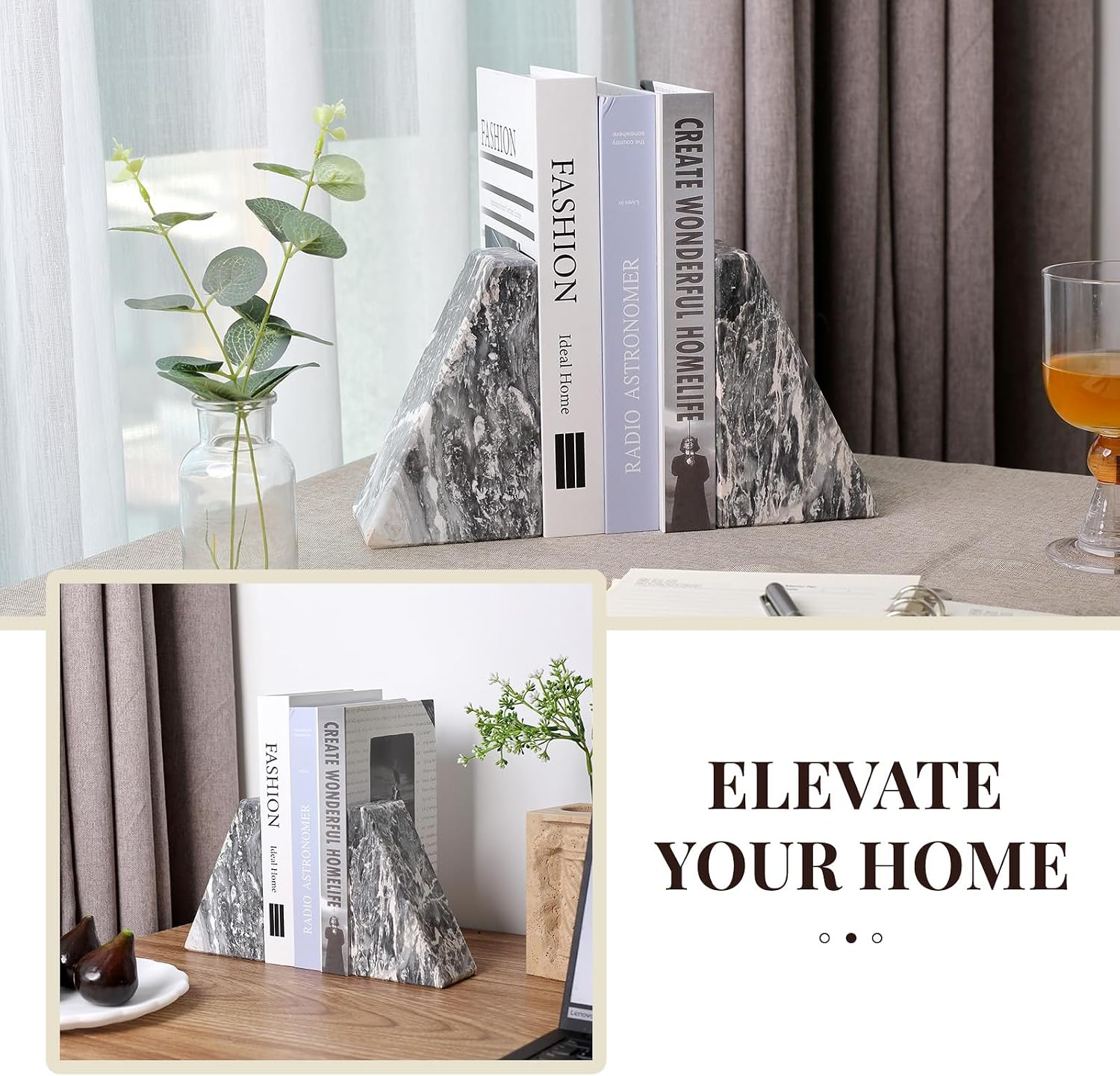 Marble Bookends / Large Bookends for Heavy Books / Gray
