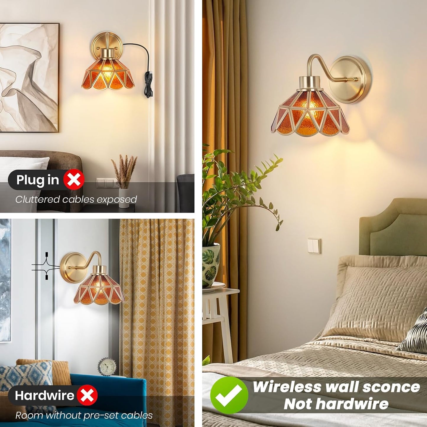 Battery Operated Sconces Set of 2, Vintage Wall Light with Remote, Rechargeable Wall Sconces RGB, No Socket Required