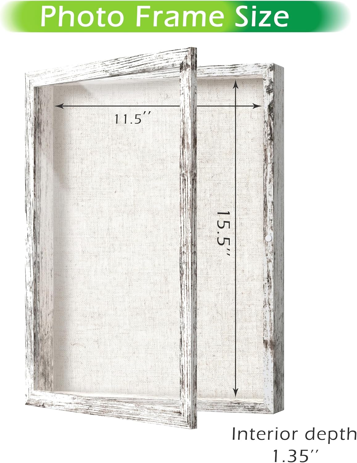 FrameWorks 12x16 Deep Shadow Box Frame, Wooden Display Case w. Linen Board & Tempered Glass Door - Distressed White