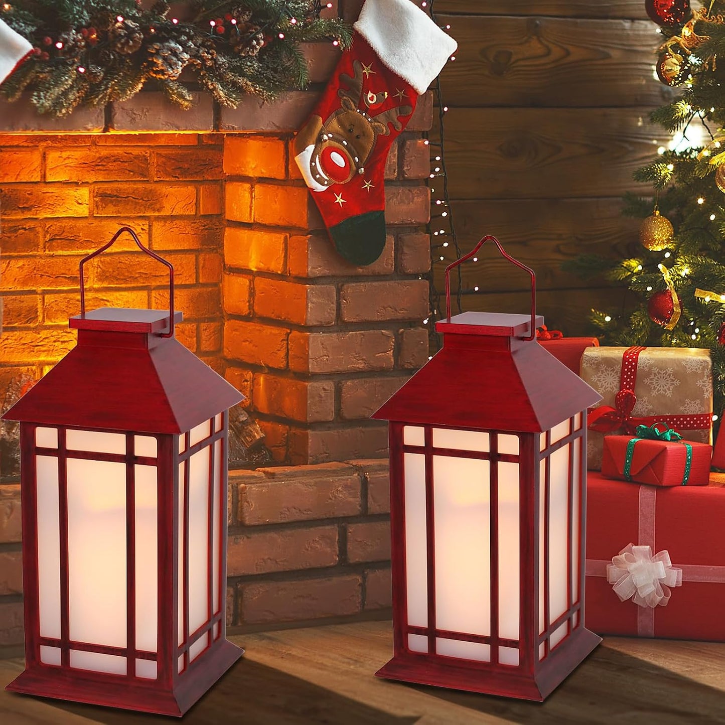 Christmas Lanterns Decorative,2pcs Red Lanterns Decorative Outdoor,Decorative Candle Lanterns Flameless Hanging Lights