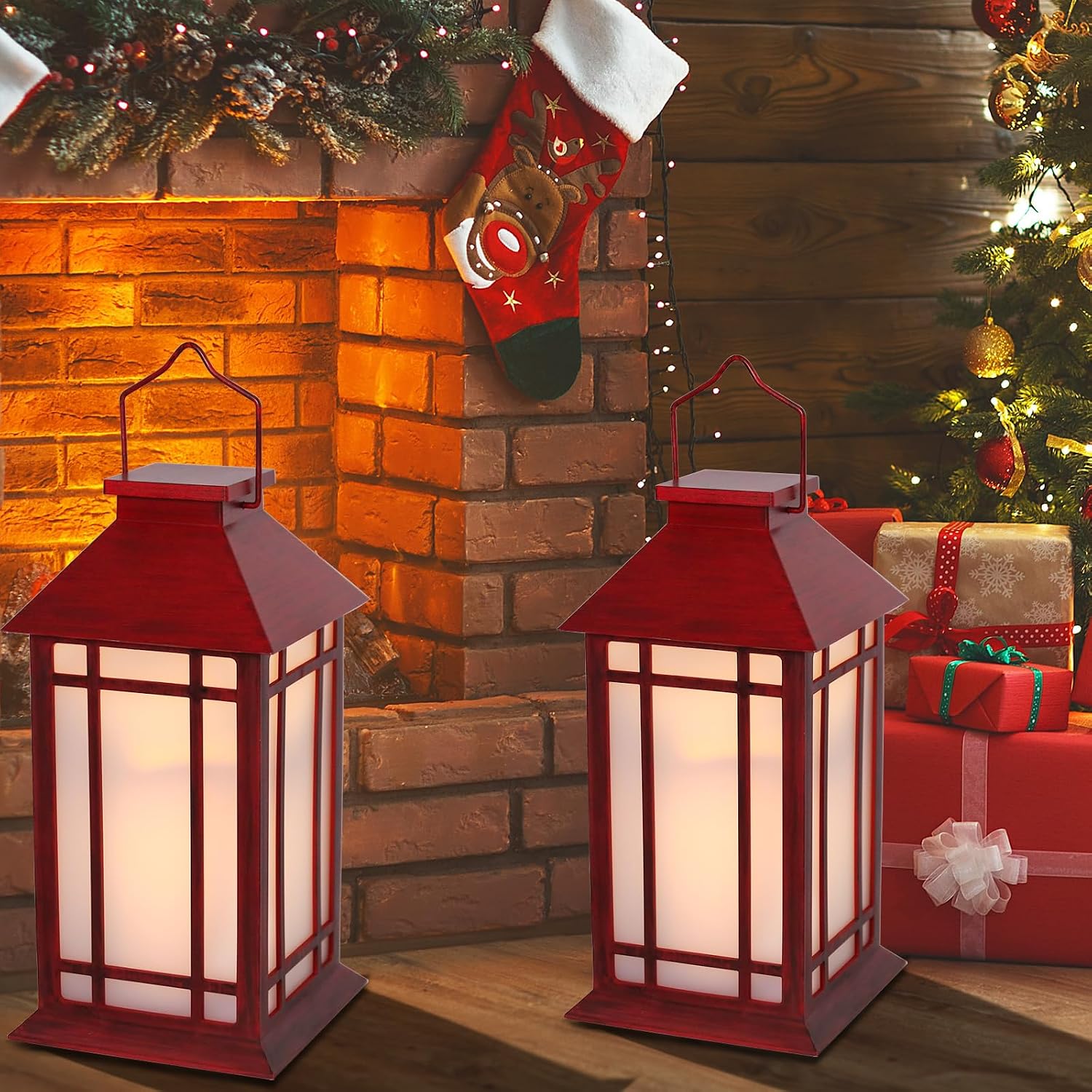 Christmas Lanterns Decorative,2pcs Red Lanterns Decorative Outdoor,Decorative Candle Lanterns Flameless Hanging Lights