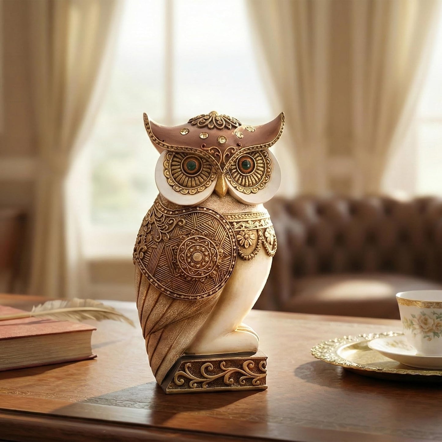 Owl Statue / Shelf Bookshelf Table Office Living Room Decor Owl Figurine / Beige