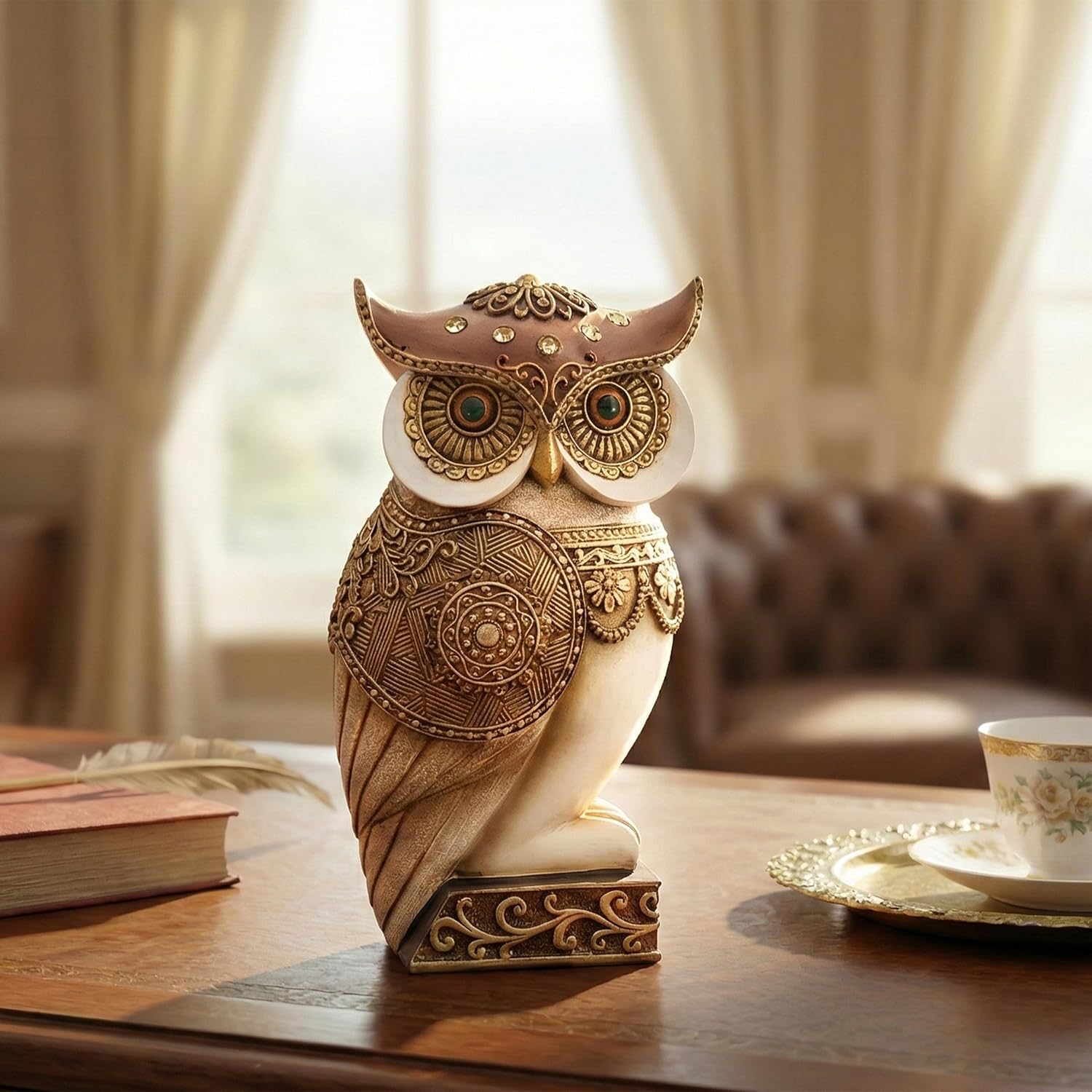 Owl Statue / Shelf Bookshelf Table Office Living Room Decor Owl Figurine / Beige