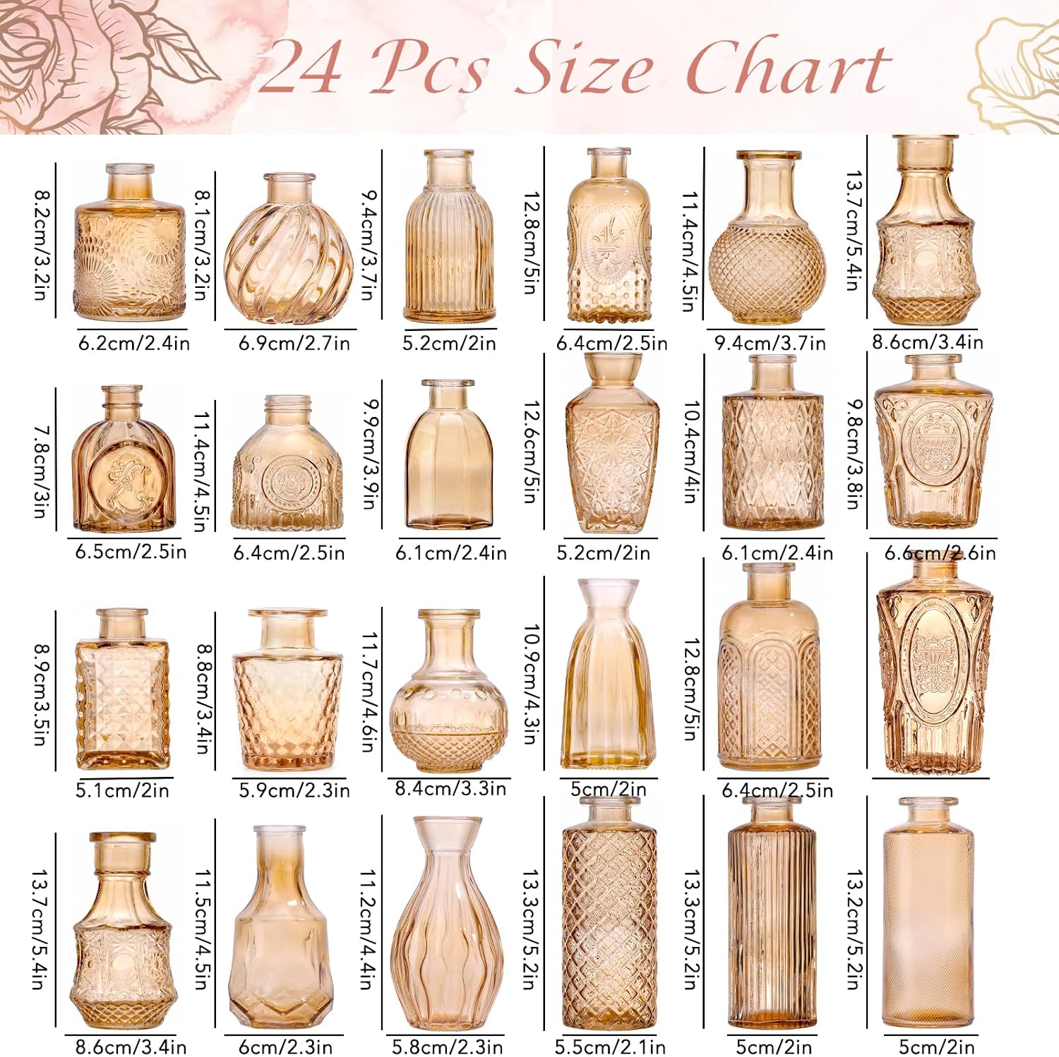 Glass Bud Vase Set / Amber / Clear / Set of 24