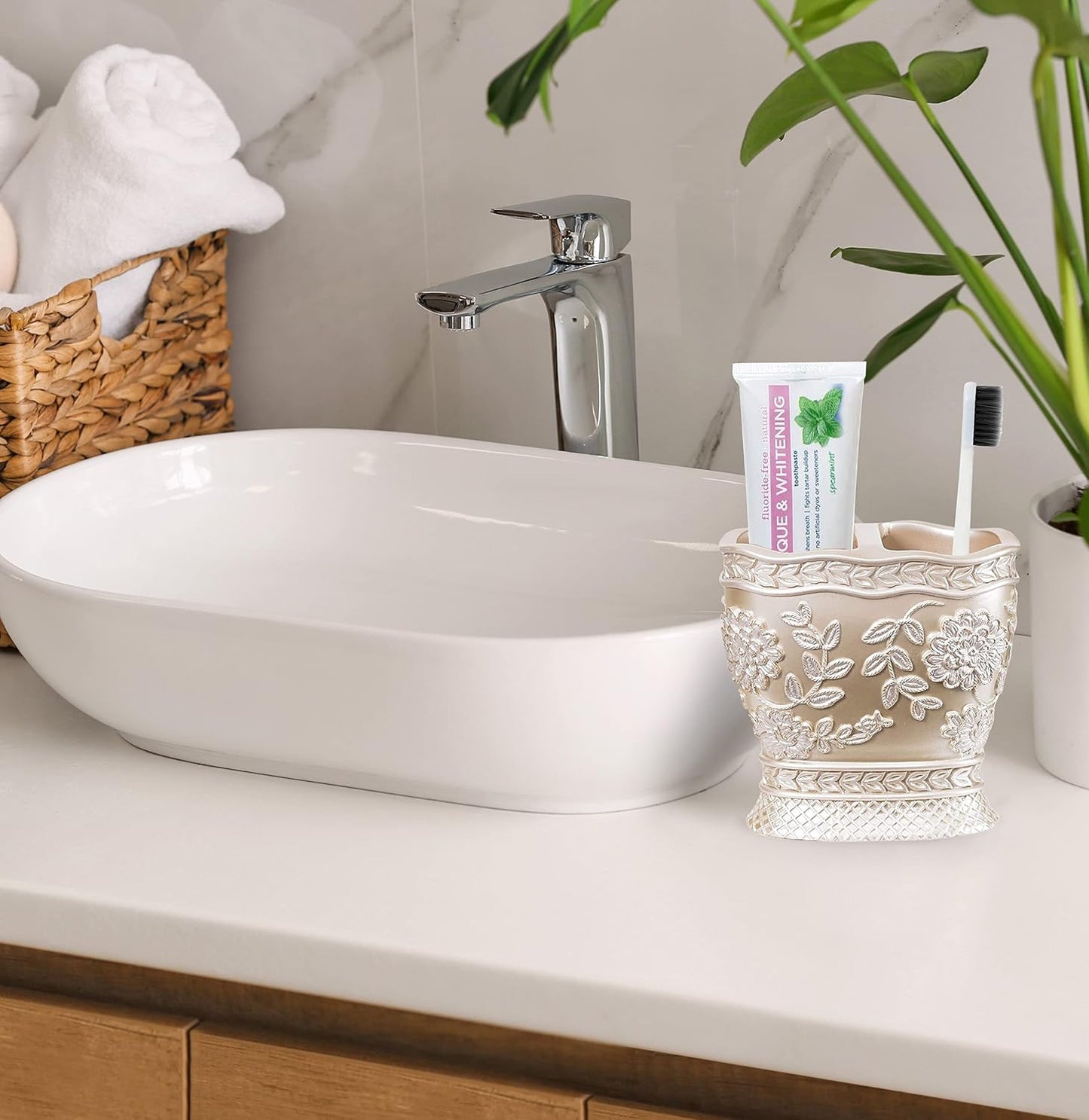 Zahari Home 4pc Rose Vine Bathroom Accessories Sets Lotion Pump, Tumbler, Tooth Brush Holder and Soap Dish Unique