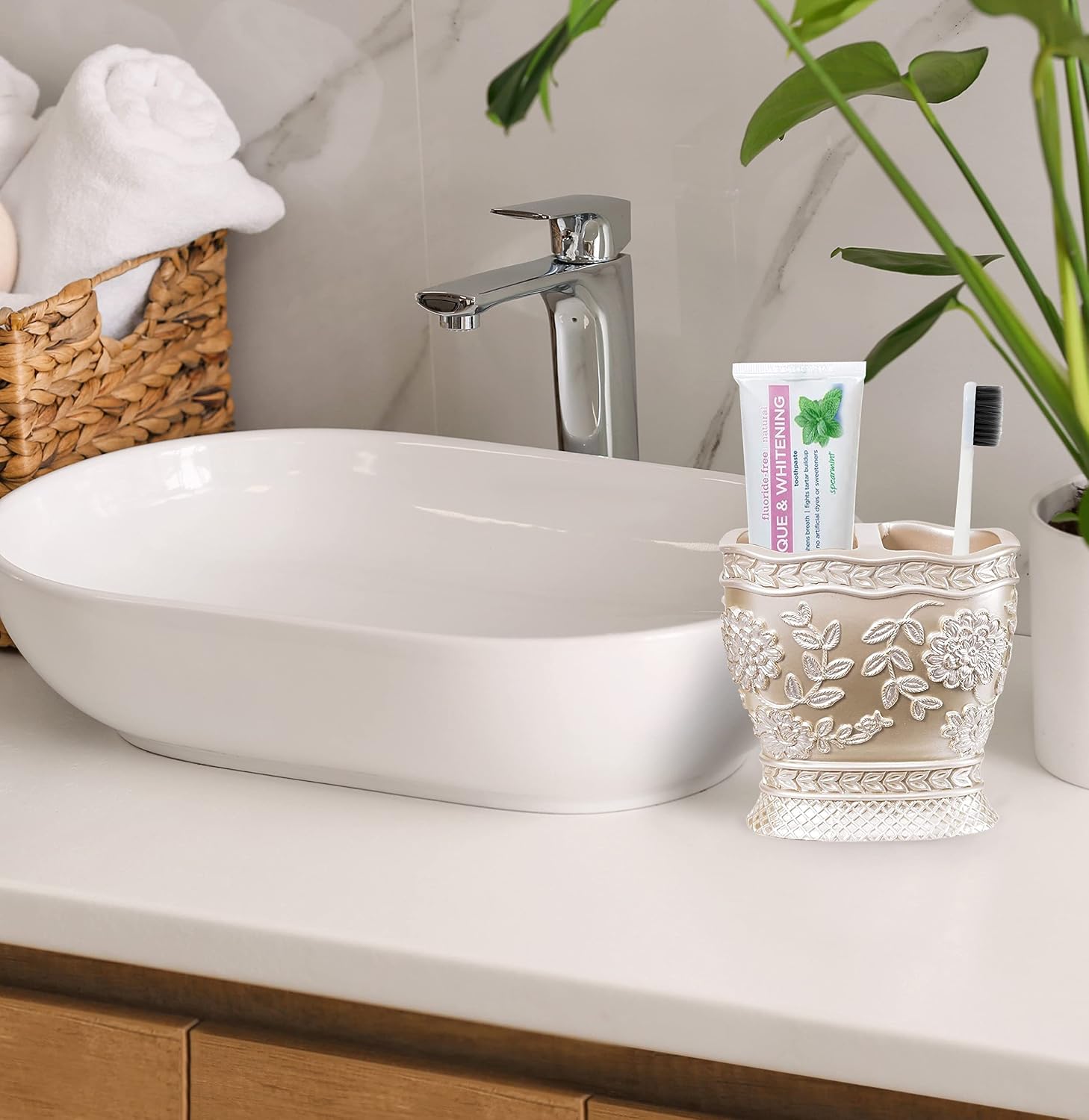 Zahari Home 4pc Rose Vine Bathroom Accessories Sets Lotion Pump, Tumbler, Tooth Brush Holder and Soap Dish Unique