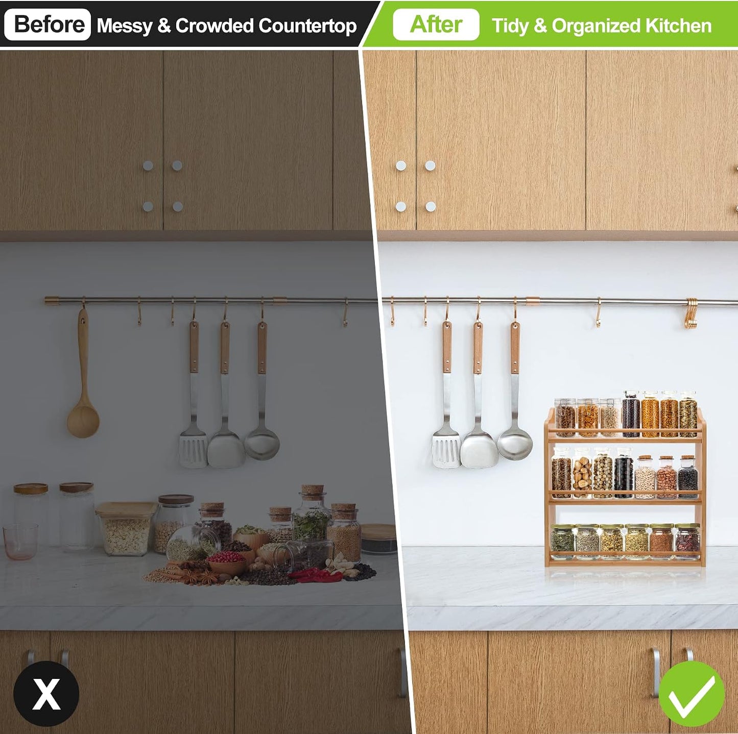 3 Tier Bamboo Spice Rack Wall Mount or Countertop,Spice Organizer | Seasoning Jars Rack Spice Shelf Organizer for