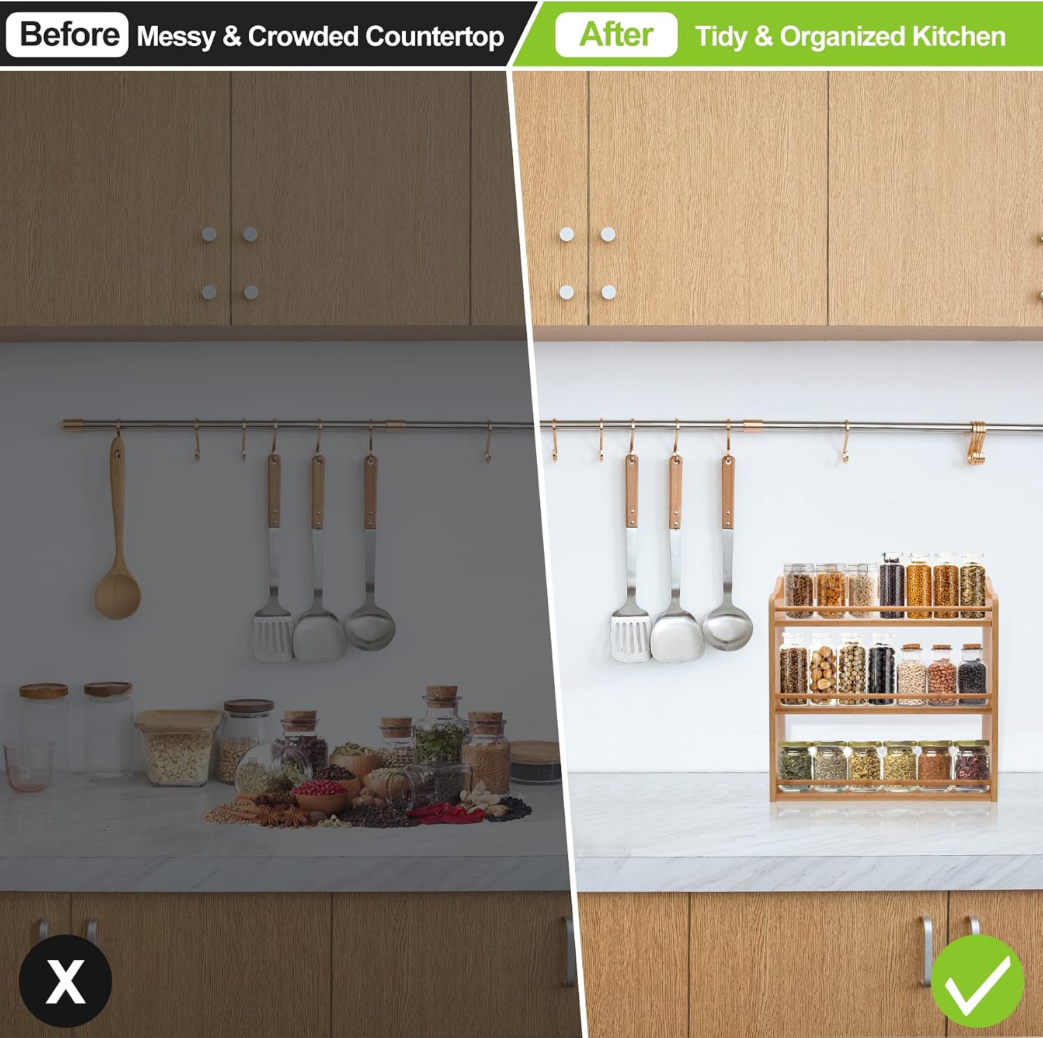 3 Tier Bamboo Spice Rack Wall Mount or Countertop,Spice Organizer | Seasoning Jars Rack Spice Shelf Organizer for