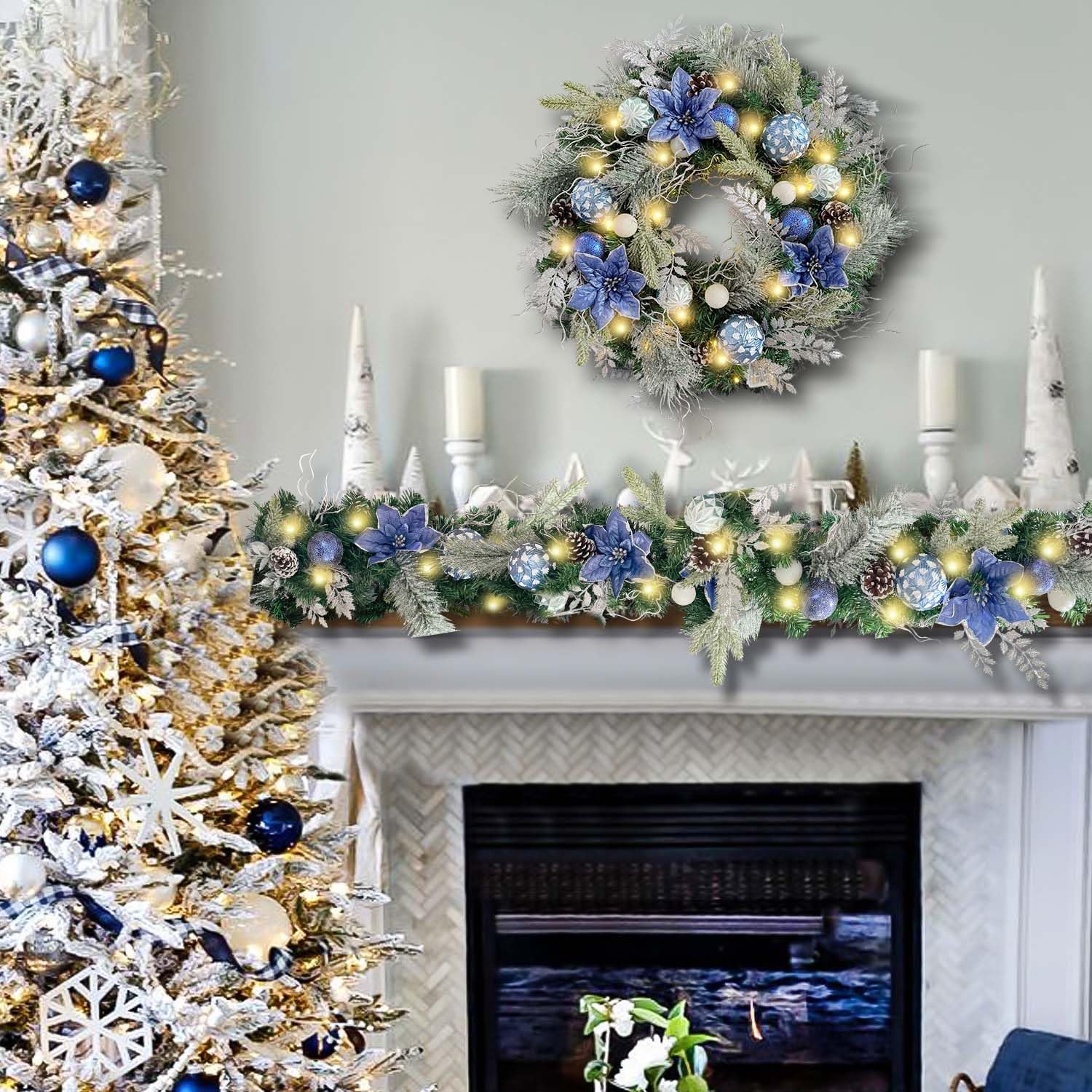 WANNA-CUL Pre-Lit 6ft Silver Blue Christmas Garland with 30 LED Lights | Frozen Winter Xmas Lighted Garland for Mantel