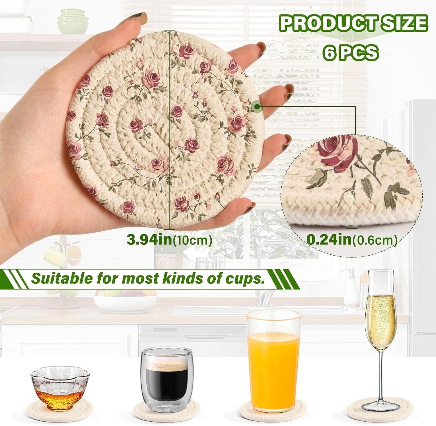 Holder Absorbent Round Coasters for Wooden Table Tabletop Protection Party / Vintage Rose / Set of 6
