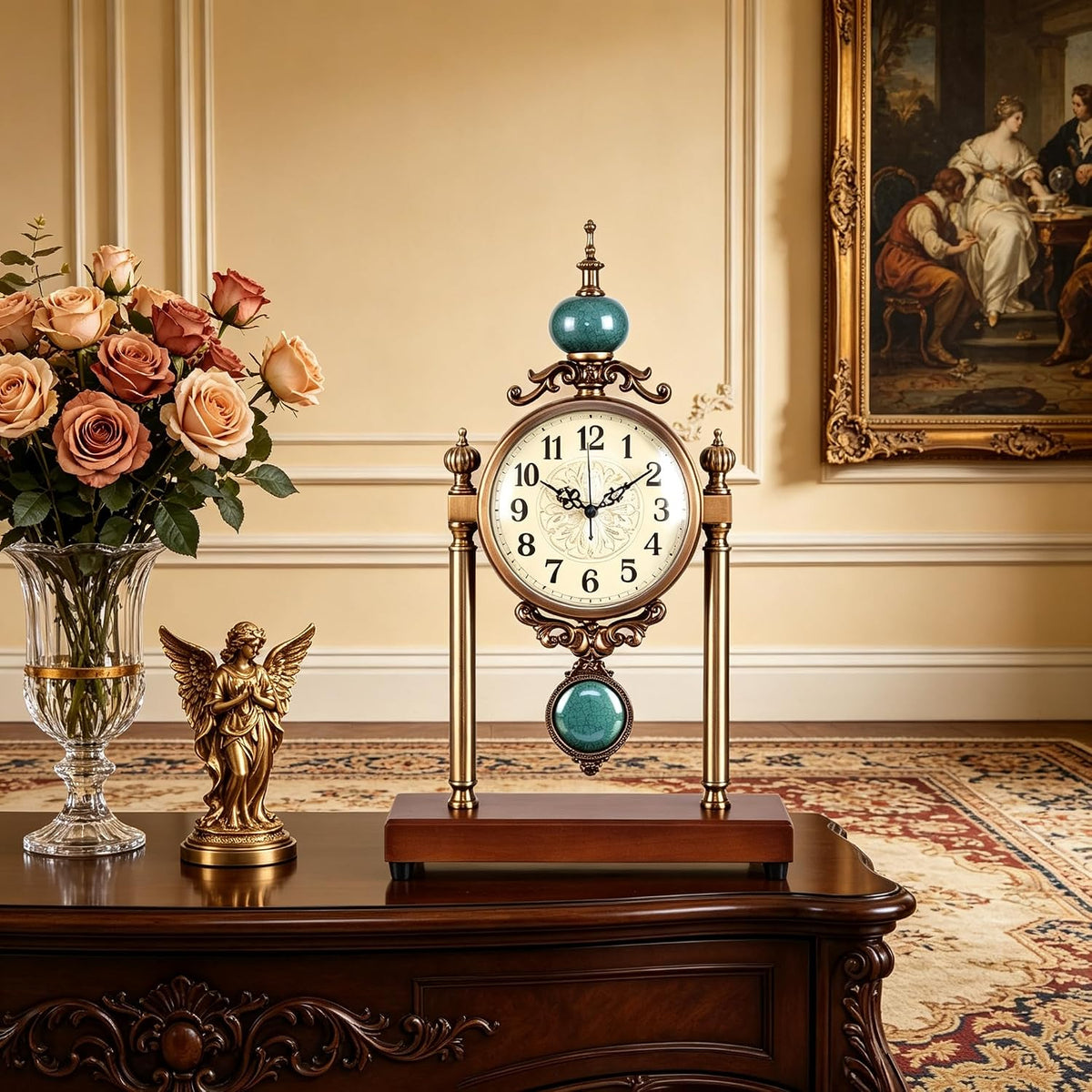 Vintage Mantel Clock, Silent Non-Ticking Table Clock with Pendulum, Luxury Metal & Wood Desk Clock for Living Room