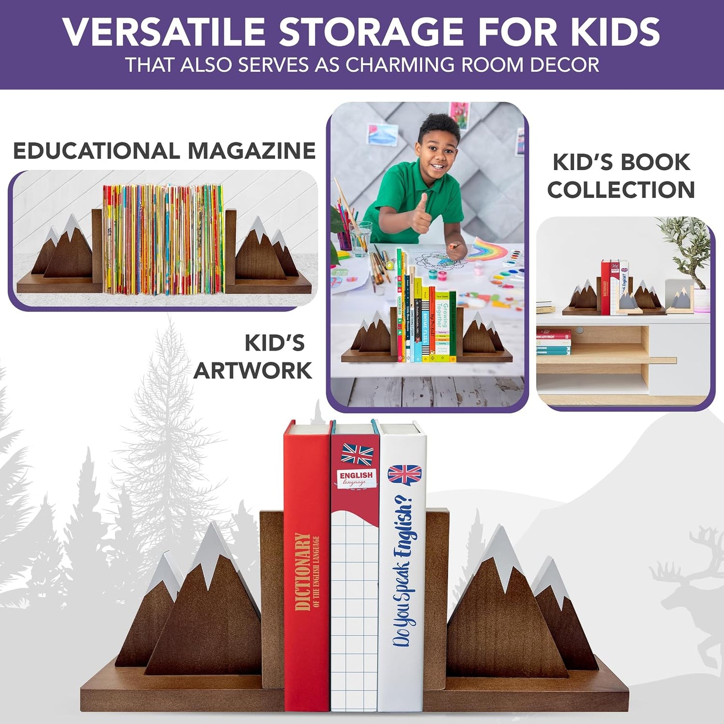 Non-Skid Wooden Mountain Bookends for Kids