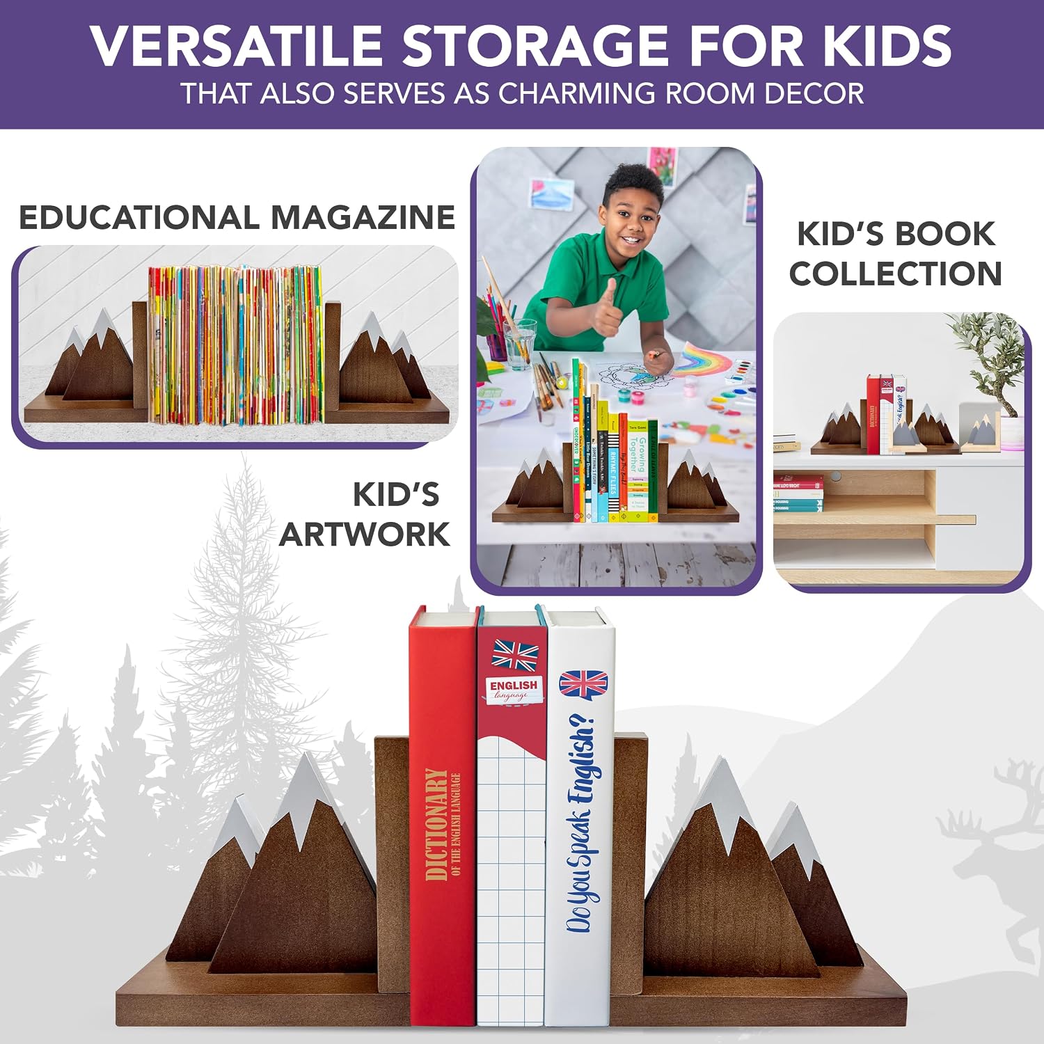 Non-Skid Wooden Mountain Bookends for Kids