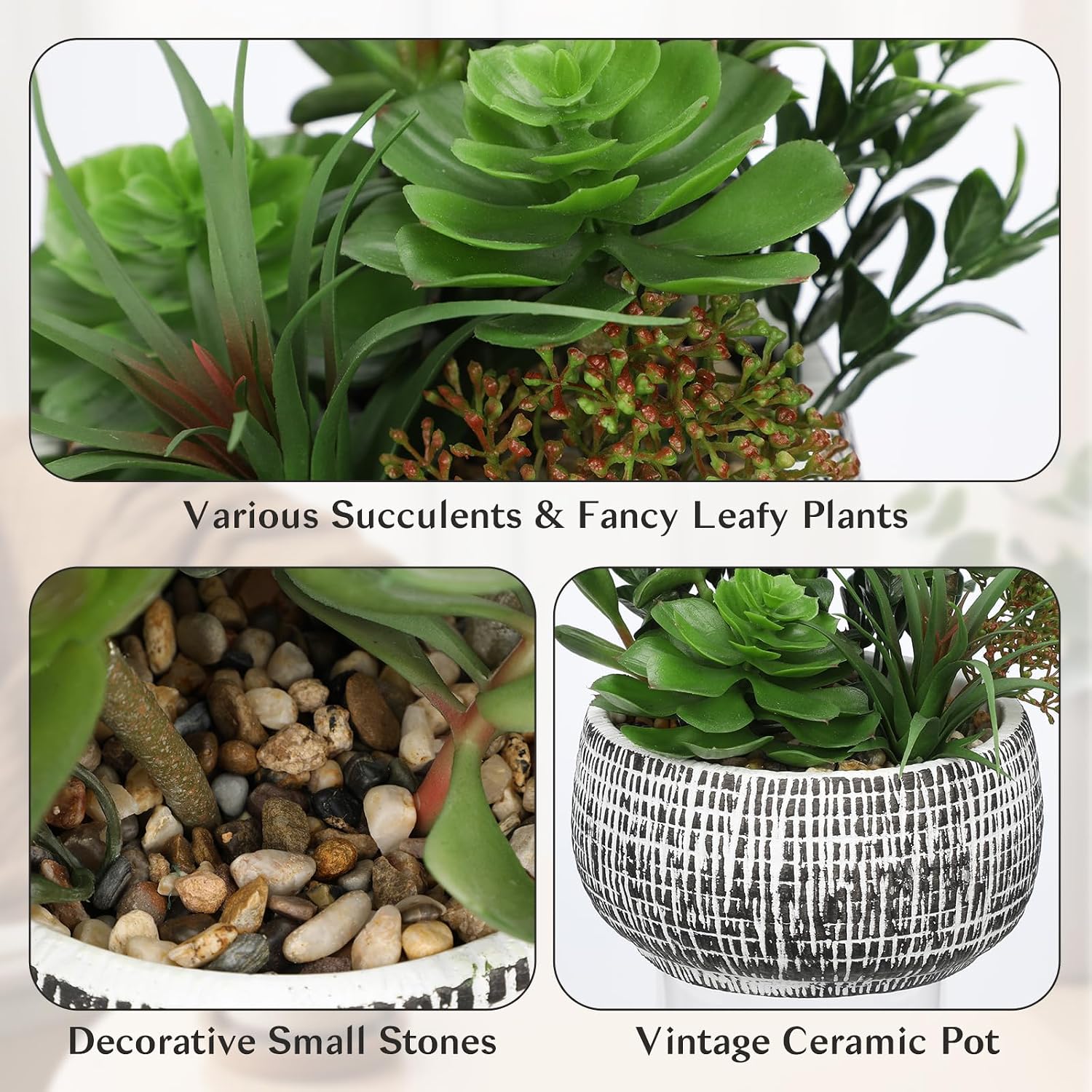 10" Large Succulents Plants Artificial in Ceramic Pots Potted Faux / Ceramic #style 2 / Black