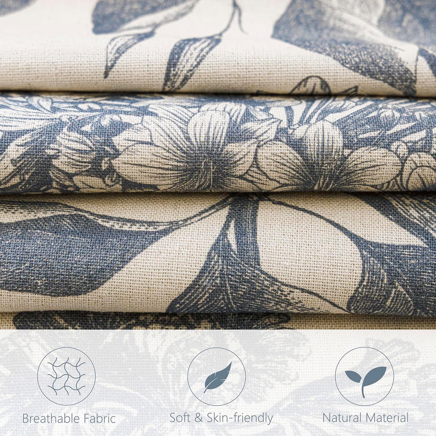 Linen Floral Vintage Throw Pillow Covers Neutral Accent Print / 18 x 18 / Aegean Blue / Set of 2