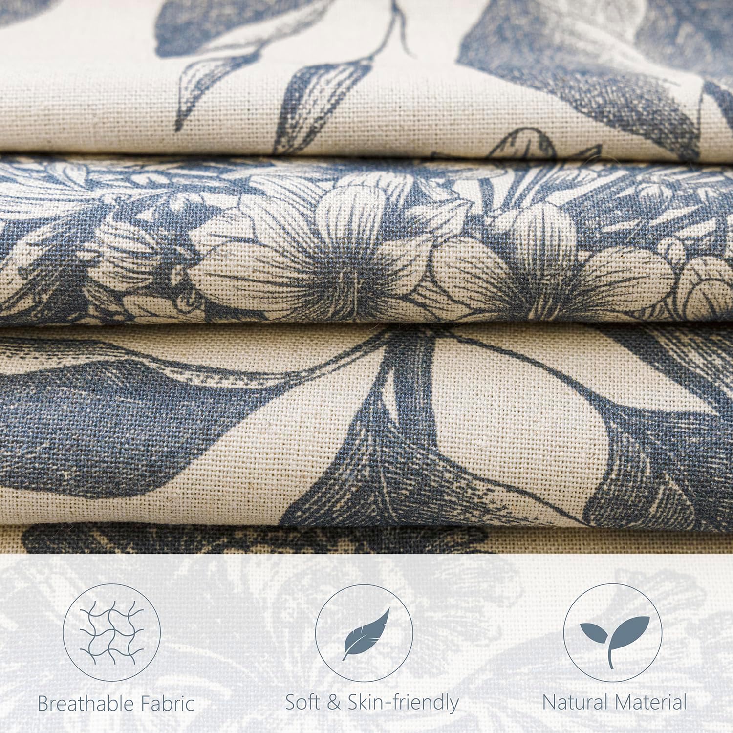 Linen Floral Vintage Throw Pillow Covers Neutral Accent Print / 18 x 18 / Aegean Blue / Set of 2