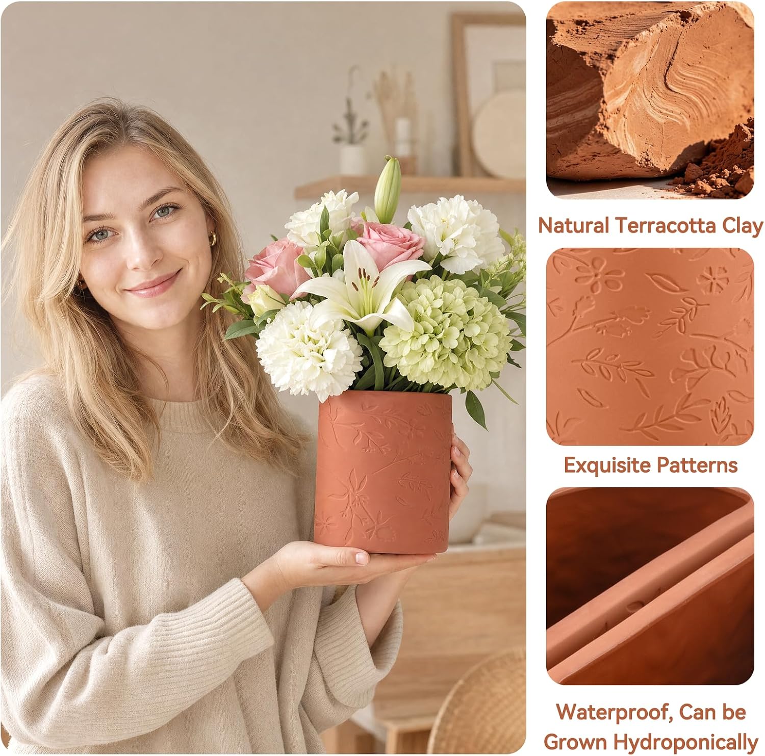 Terracotta Flower Vase / Decorative Vase for Dining Table Decor Fireplace Living Room Bathroom