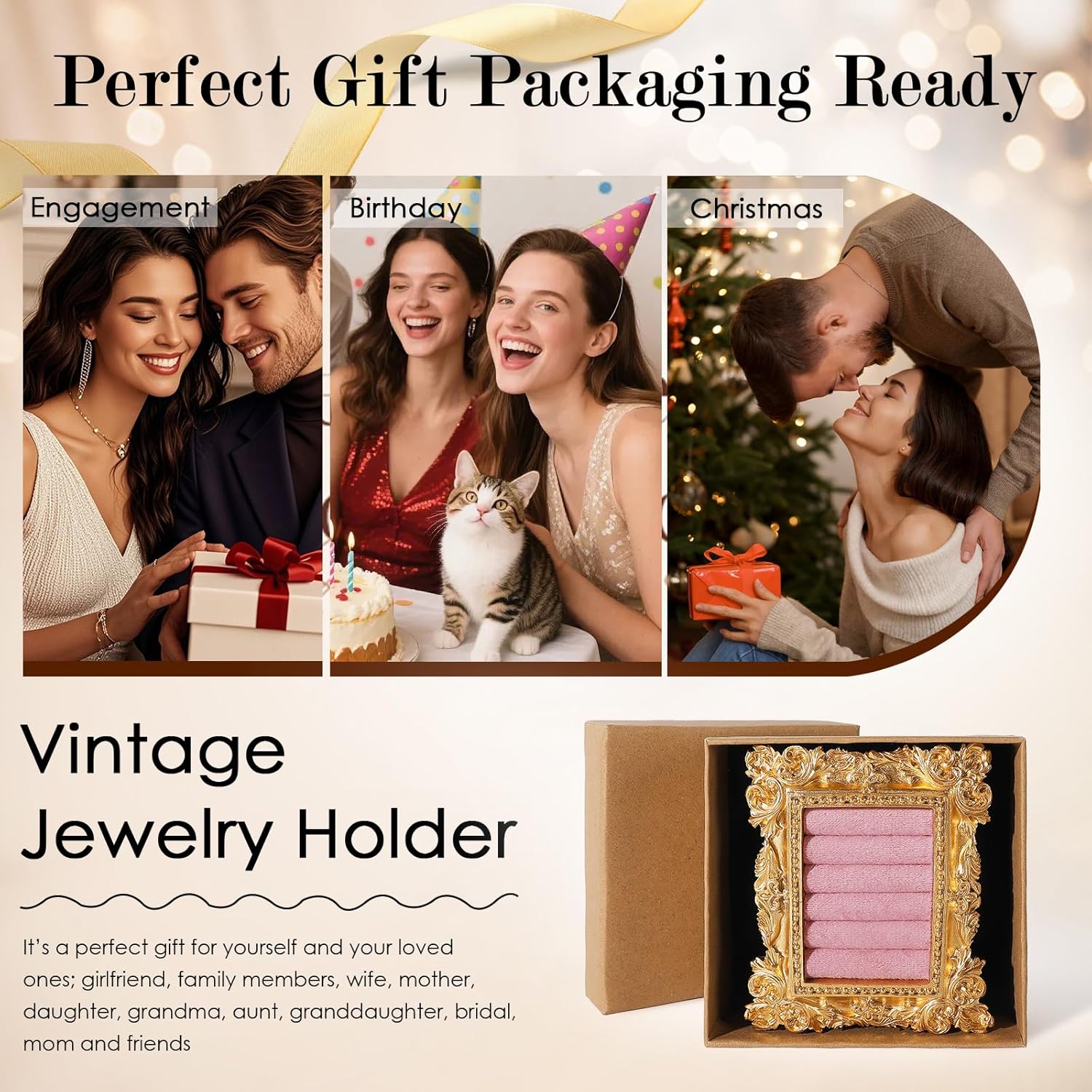 Vintage Ring Holder Rectangle Gold Velvet Display Stand / Mpf05-gold Pink