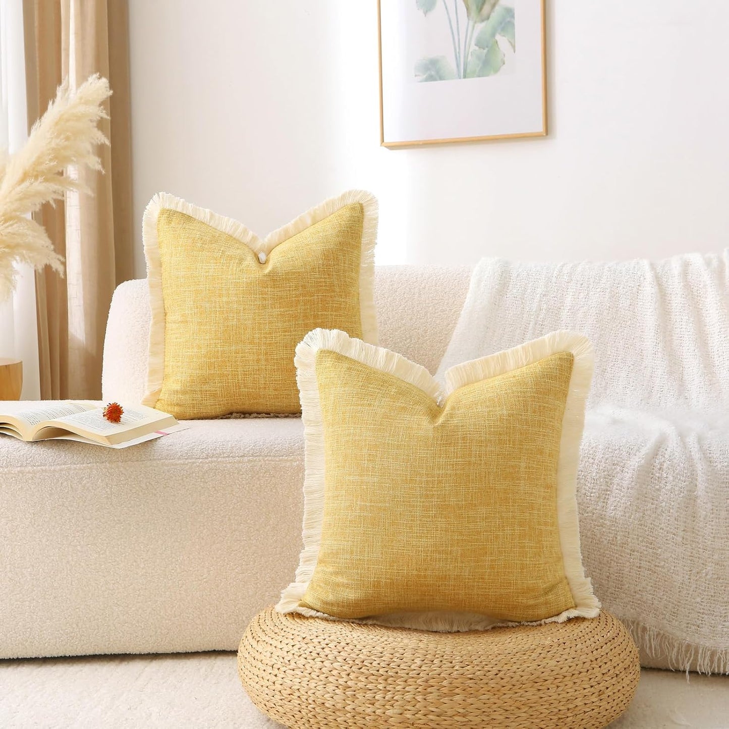 Boho Burlap Decorative Throw Pillow Covers Tassels Rectangle / Mustard Yellow / 20 x 12 / Set of 2