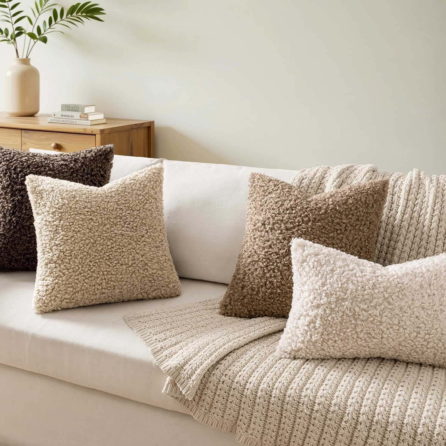 Faux Fur Throw Pillow Covers Boucle Neutral Decorative Sherpa Fuzzy / 18 x 18 / Beige / Set of 2