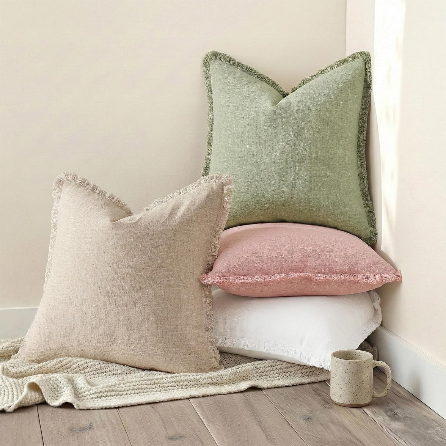 Summer Decorative Neutral Linen Fringe Throw Pillow Covers / Natural Beige / 18 x 18 / Set of 2