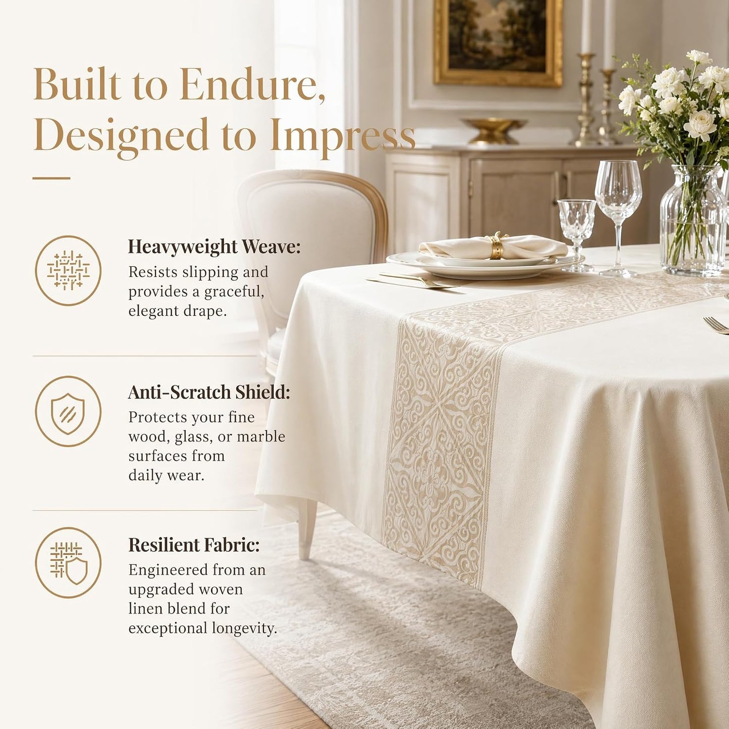 Rectangle Linen Tablecloth Luxury Totem Spillproof Cloth 55x120 Inch | Stain Resistant Woven Baroque Totem Runner