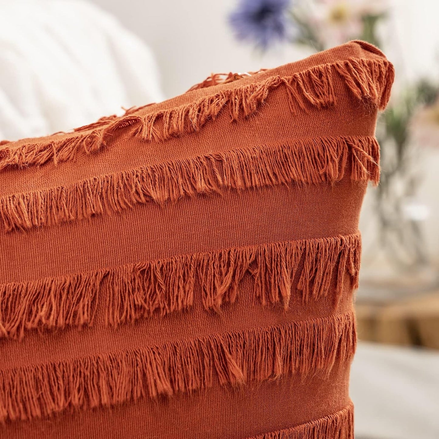 Fall Decorative Boho Throw Pillow Covers Linen Striped Jacquard / 16 x 16 / Burnt Orange / Set of 2