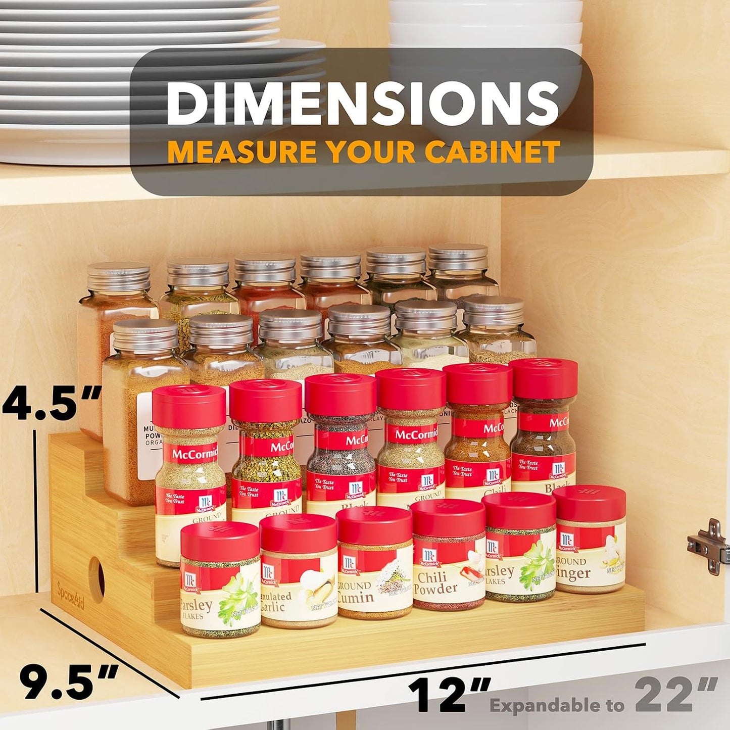 SpaceAid 4 Tier Bamboo Spice Rack Organizer for Cabinet, Kitchen Pantry Spices Storage Rack for Cabinets Organization