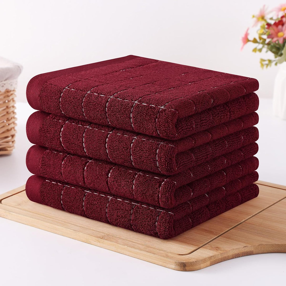 Homaxy 100% Cotton Terry Kitchen Towels, 8 Pack, Burgundy | Ultra Soft and Absorbent Dish Towels for Kitchen, Suitable