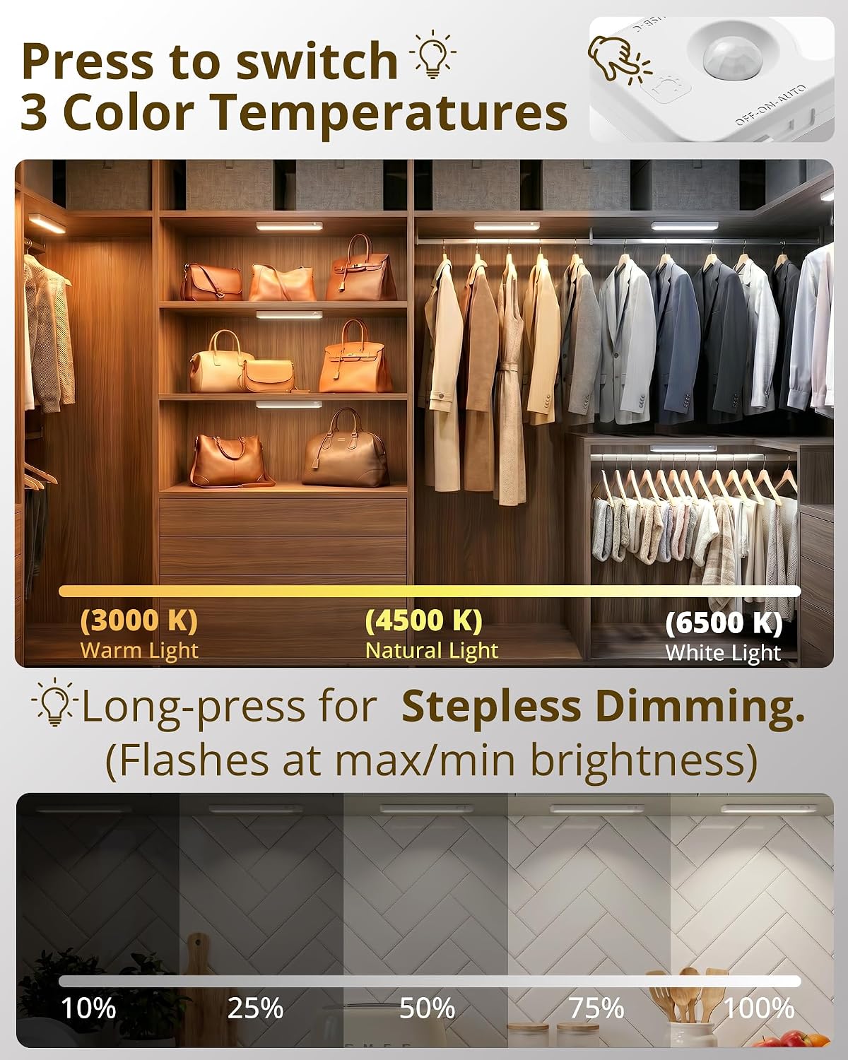 6 Pack Under Cabinet Lighting Wireless, 48 LED Rechargeable Motion Sensor Light Indoor, 3 Color Temps & Dimmable
