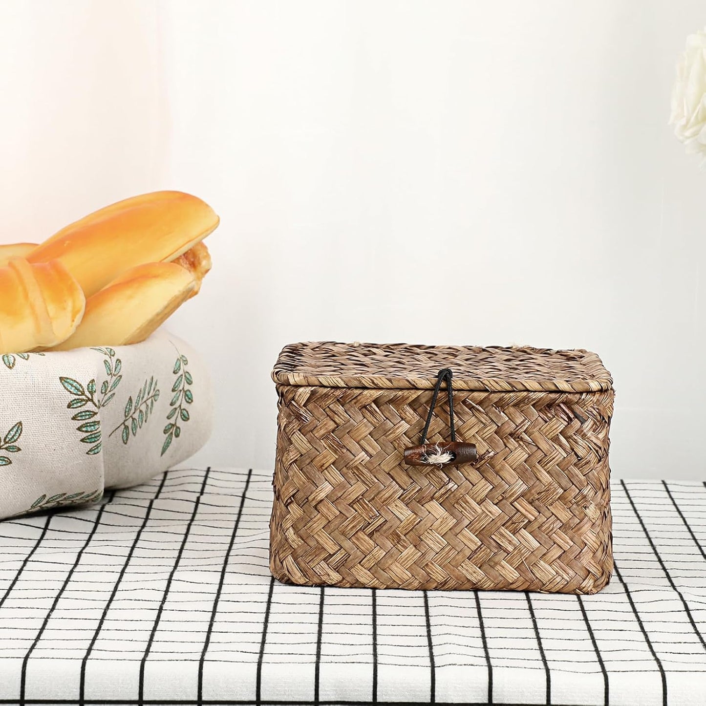 Seagrass Basket / Lid Wicker Storage Basket Square Handwoven Decorative Baskets Box / Small / Coffee