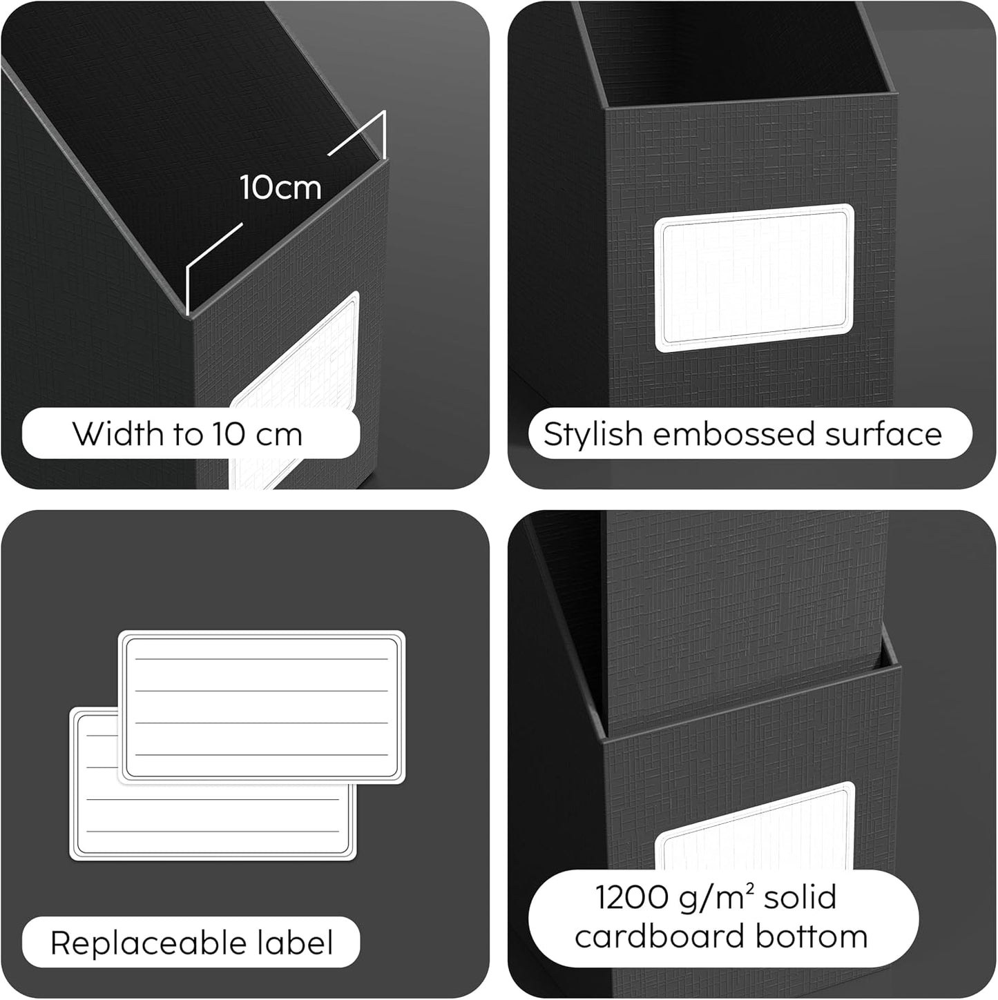 Black Magazine File Holders，3 Packs Cardboard File Rack, Folder Holder | Sturdy Cardboard Desktop Storage File Box