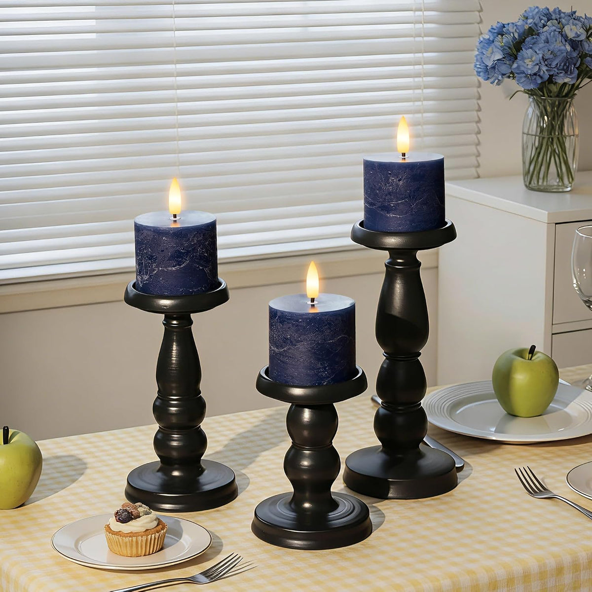 Navy Blue Flameless Candles with Remote and Timer, Fake Candles Set of 3 | 3 x 3 Inch Battery Operated Pillar Candles