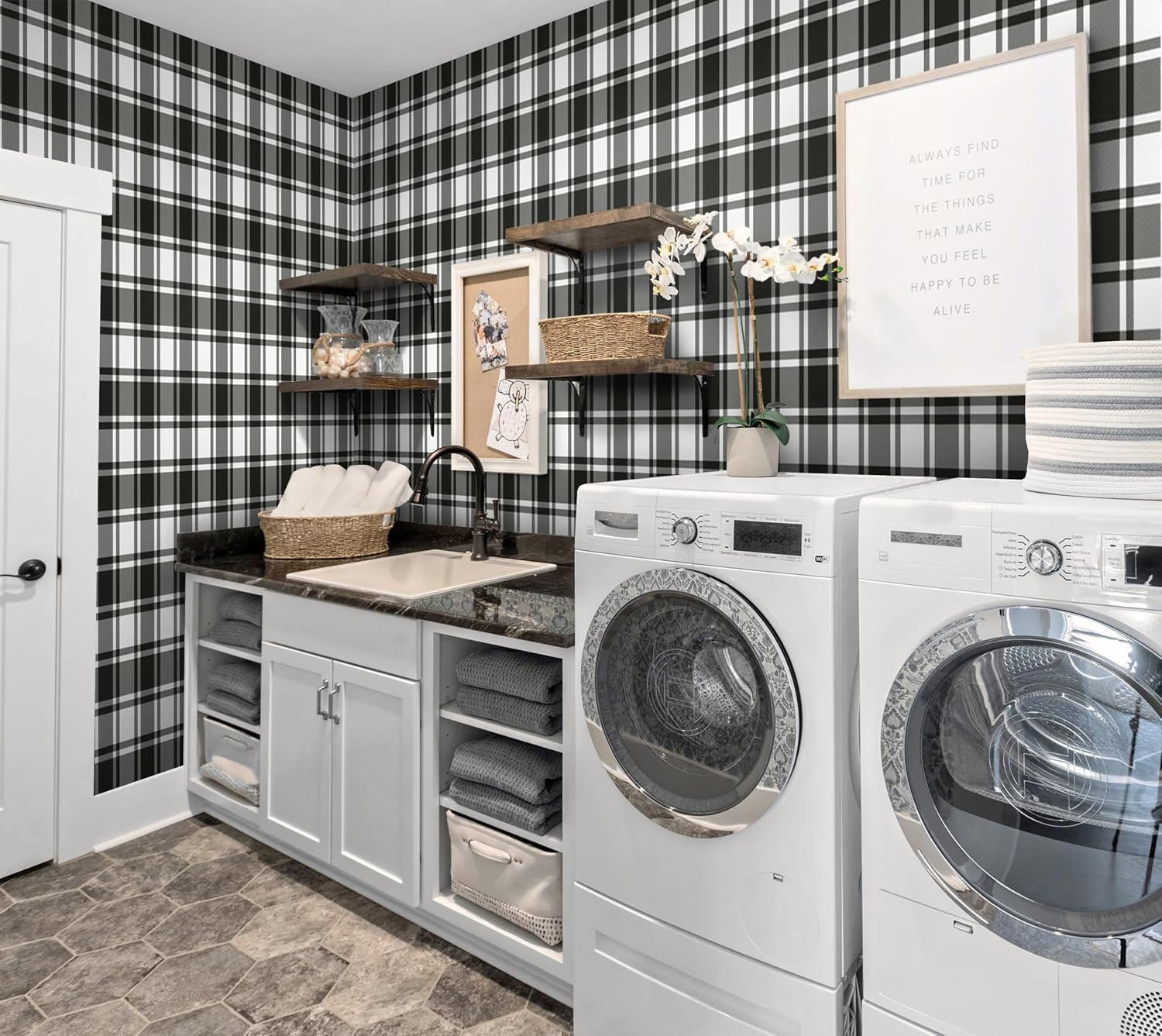 Black and White Peel and Stick Wallpaper Trellis Removable Contact Paper / 17.7 x 197 / Black/white