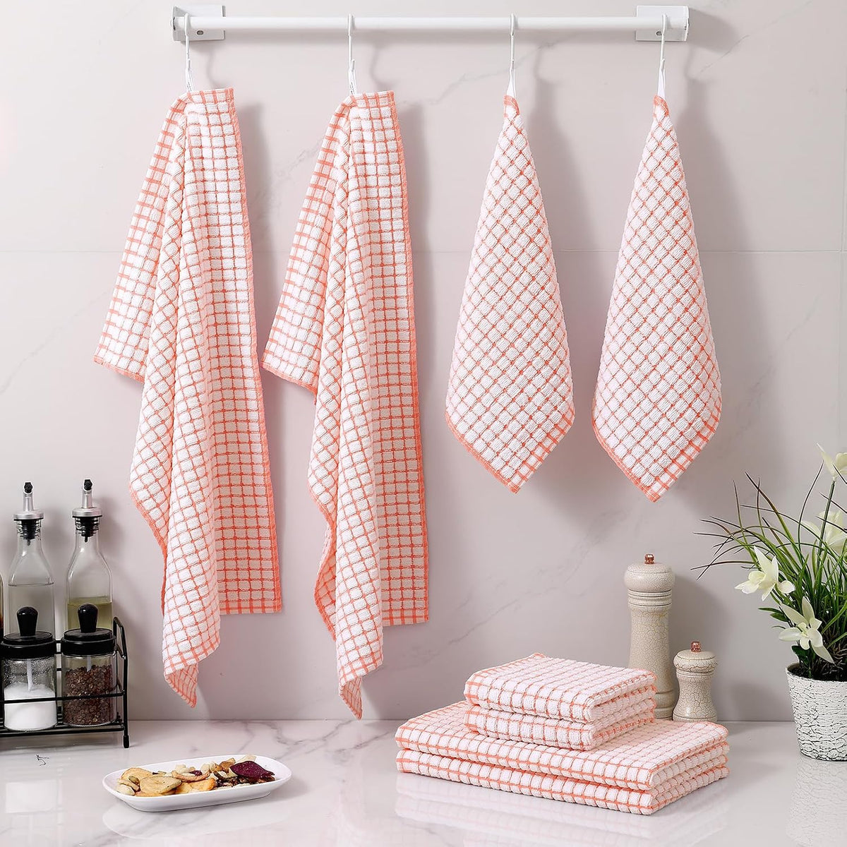 Homaxy Kitchen Towels and Dishcloths Set, Set of 12, Coral | Cotton Terry Kitchen Dish Towels, Super Soft and Absorbent