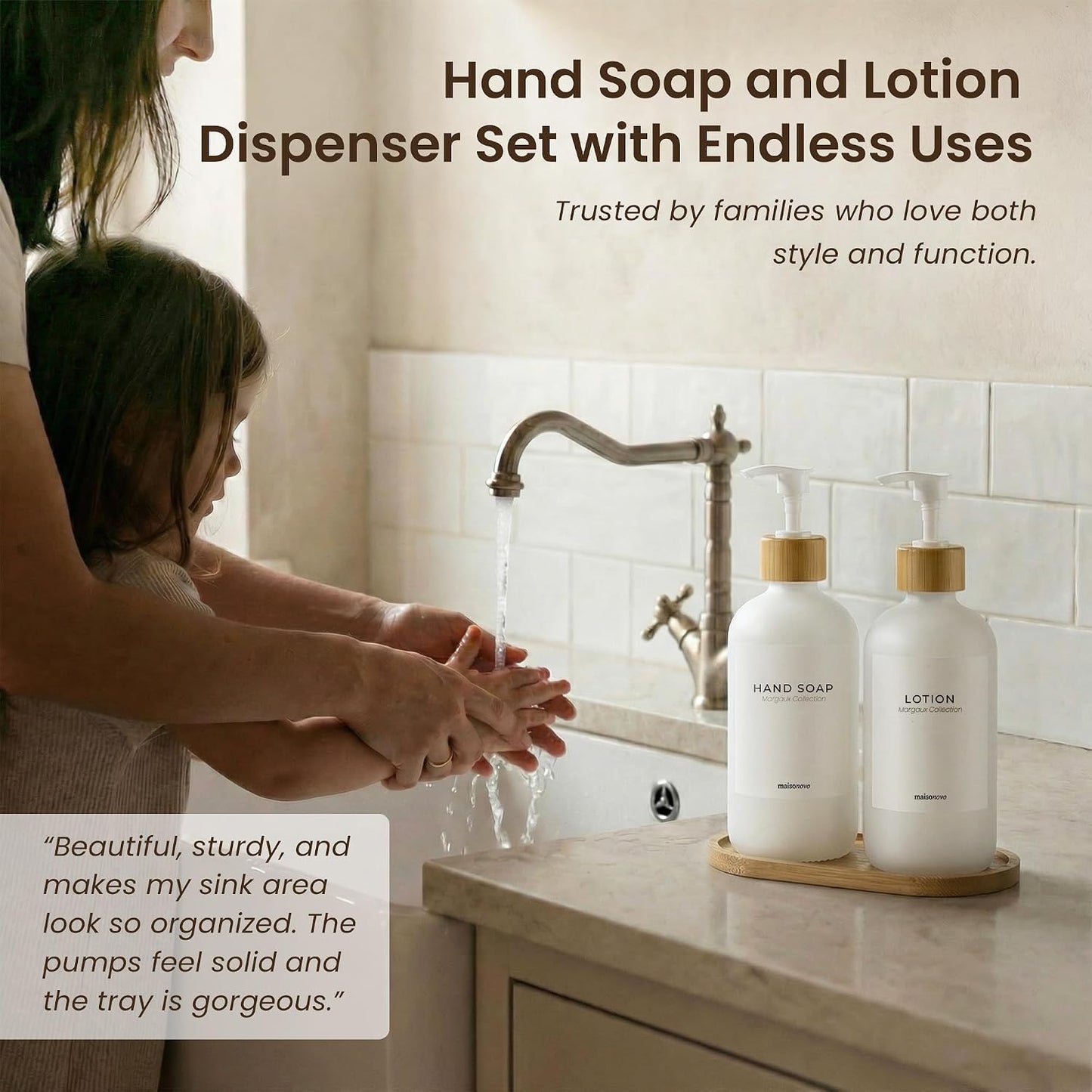 Maisonovo Soap Dispenser Set - White Soap Dispenser White Bamboo Pumps | Glass bottles for body wash, lotion, shampoo