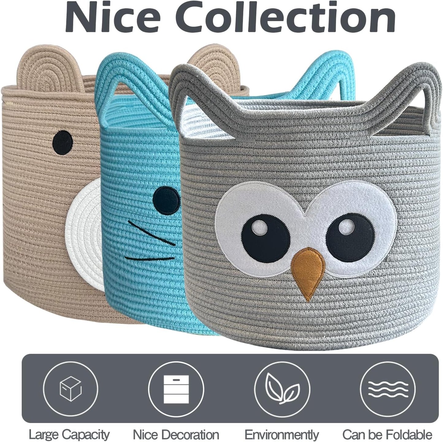 Owl Storage Basket for Gift Foldable Nursery Animal Toy Basket / Light Grey / Grey Owl