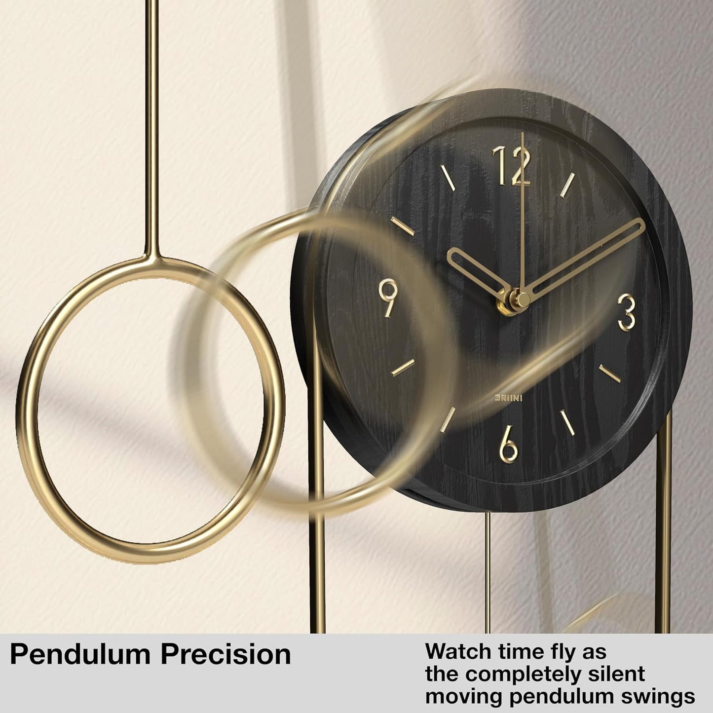 Driini Decorative Wall Clock with Pendulum (Black) – Modern Wood, 3D Gold Numbers, Metal Frame – Small, Unique Wall