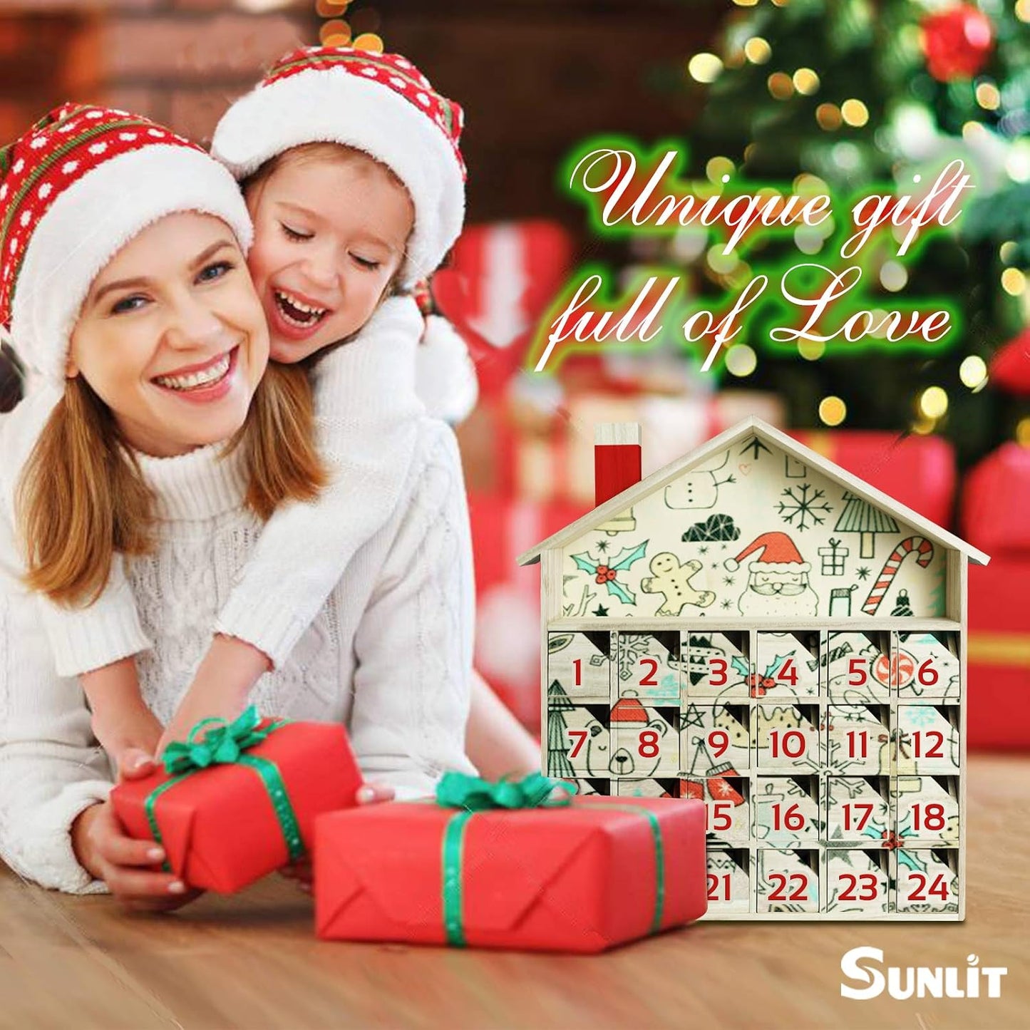 Sunlit Christmas Wooden Advent Calendar with Drawers, Unfinished Wooden, House Shaped Countdown Calendar Ready to
