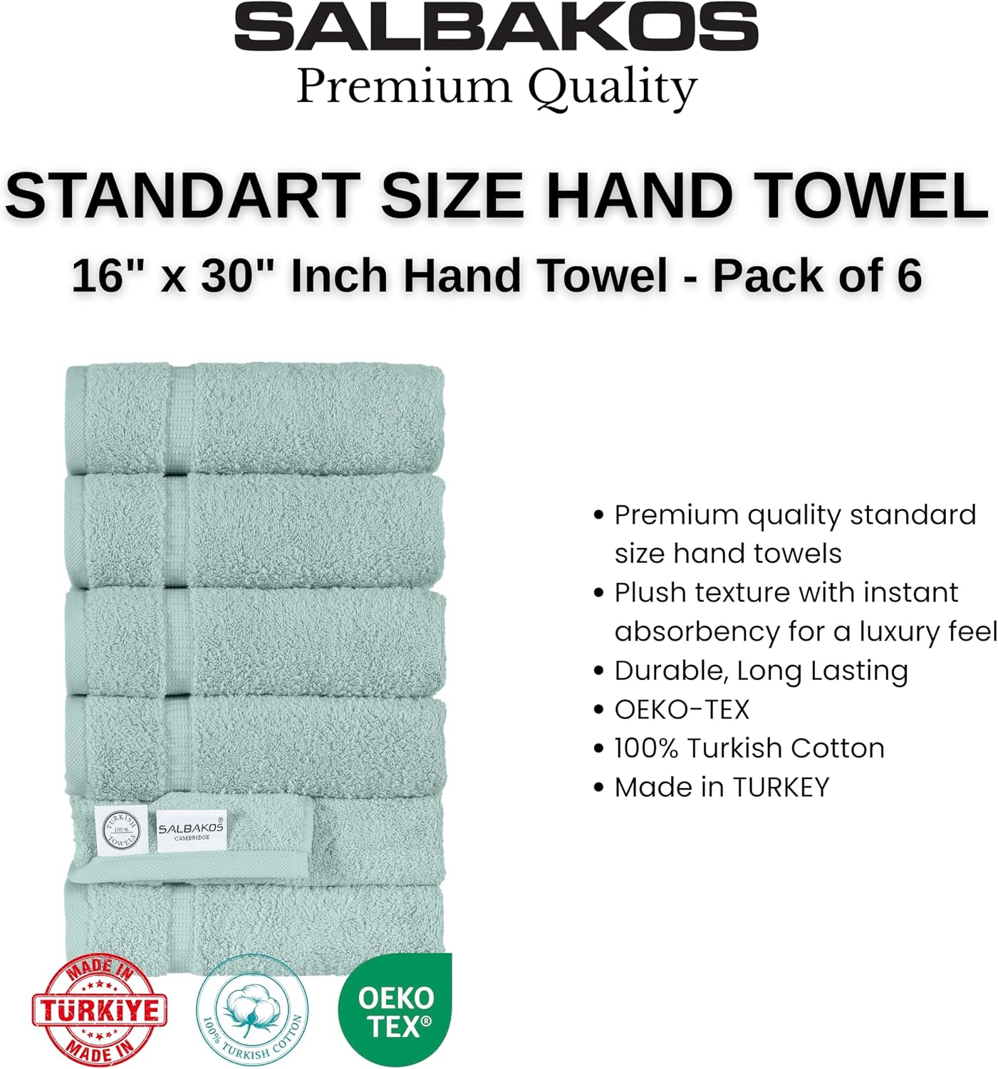 SALBAKOS 6-Piece 100% Turkish Cotton Hand Towels, 16x30 inch, Seafoam Green | Large Size Thick Super Soft Highly