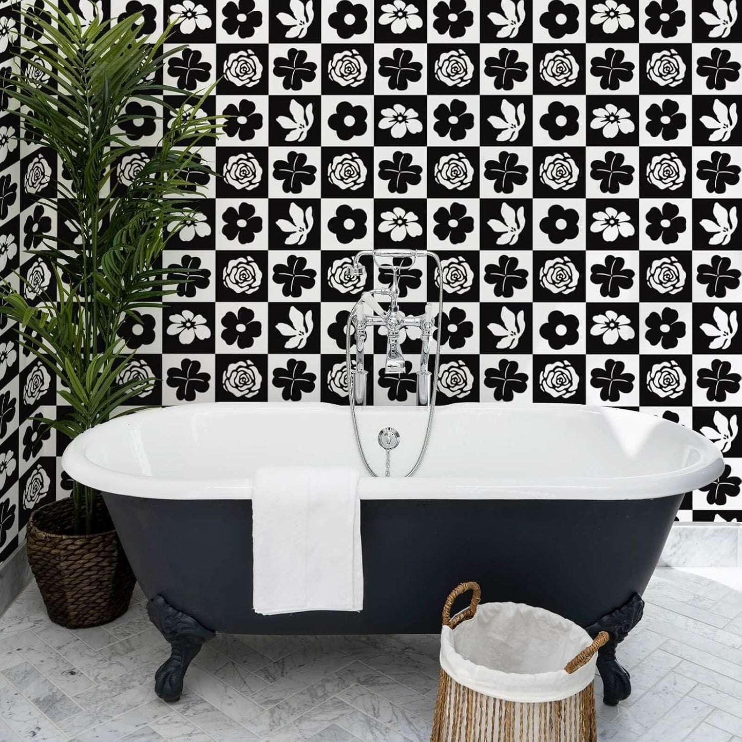 Black and White Wallpaper Peel and Stick Checkerboard Plaid Contact Paper / 17.3 x 196 / Black/white