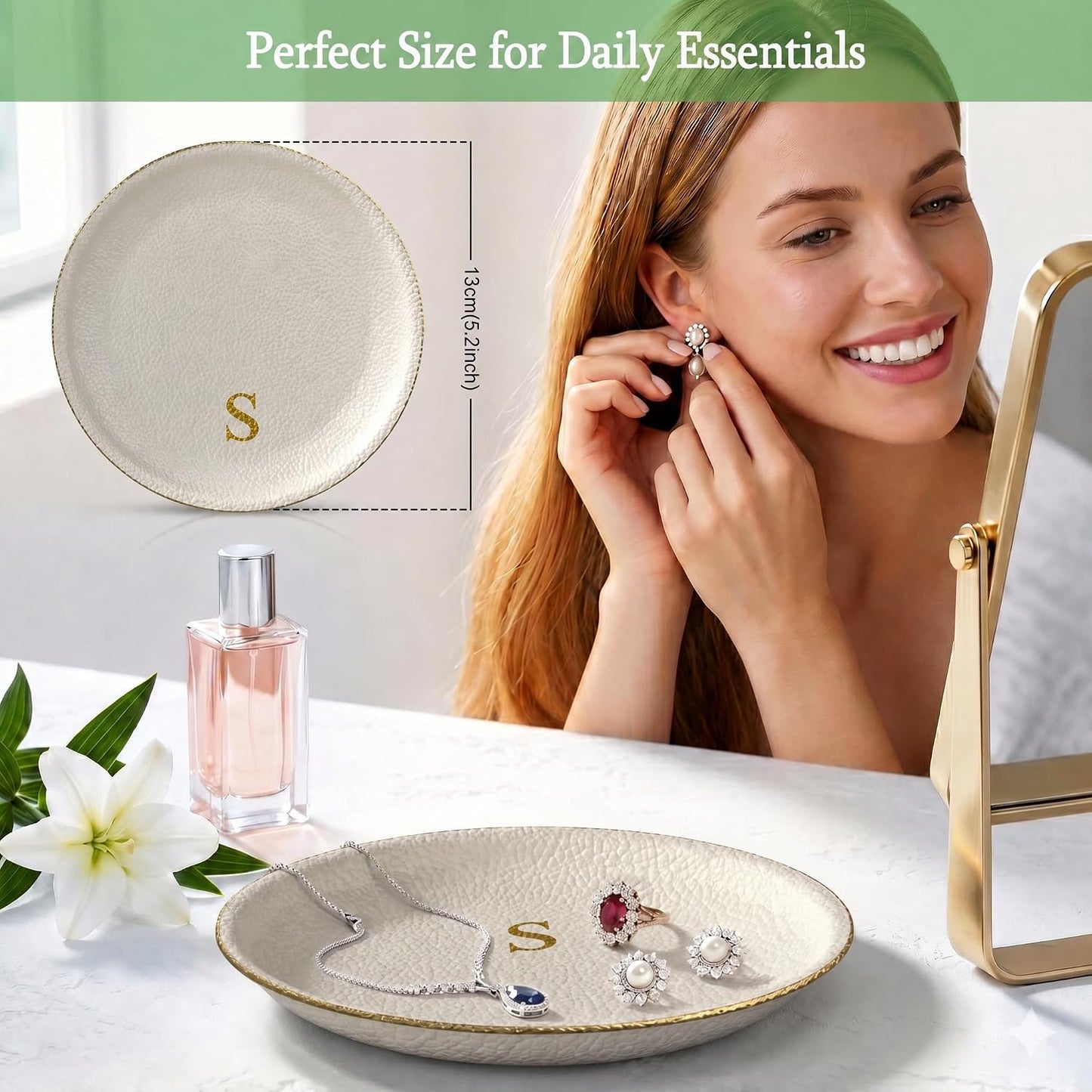 Shatterproof Vegan Leather Ring Holder / Cream Letter S