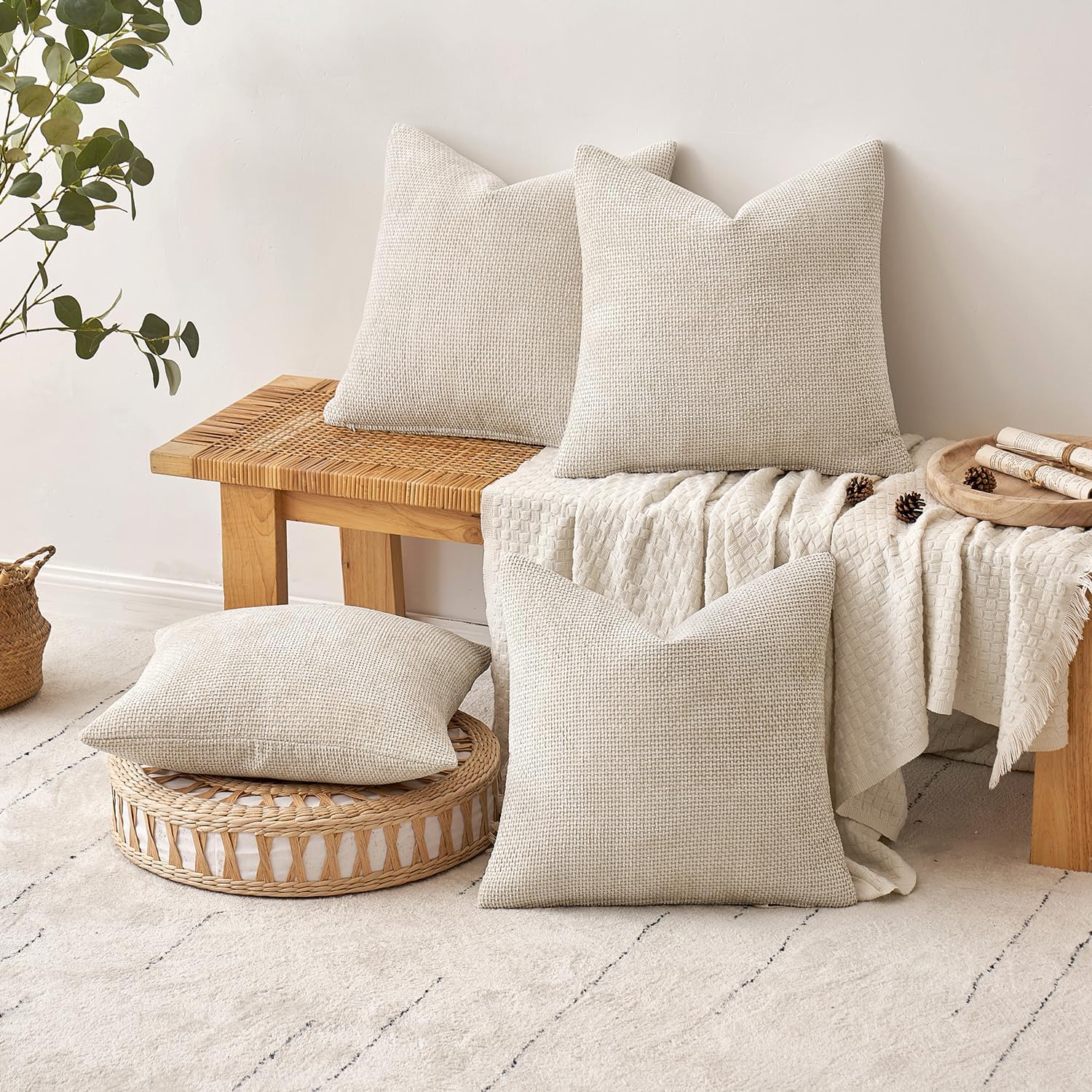 Couch Throw Pillow Covers Soft Decorative Chenille Pillow Covers / 18 x 18 / Cream / Set of 4