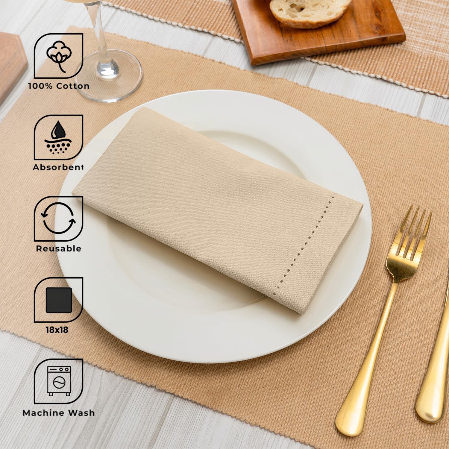 Blue Needles Set of 12 Hemstitch Linen Napkins 100% Cotton Beige Cloth Dinner Napkins 18x18 inches - Spring Summer