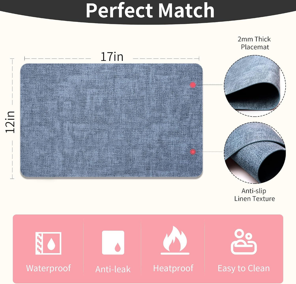 Maxpearl Faux Leather Placemats Set of 8, Easy to Clean, Blue | Waterproof - Heat Resistant - Non Slip - Wipe Clean