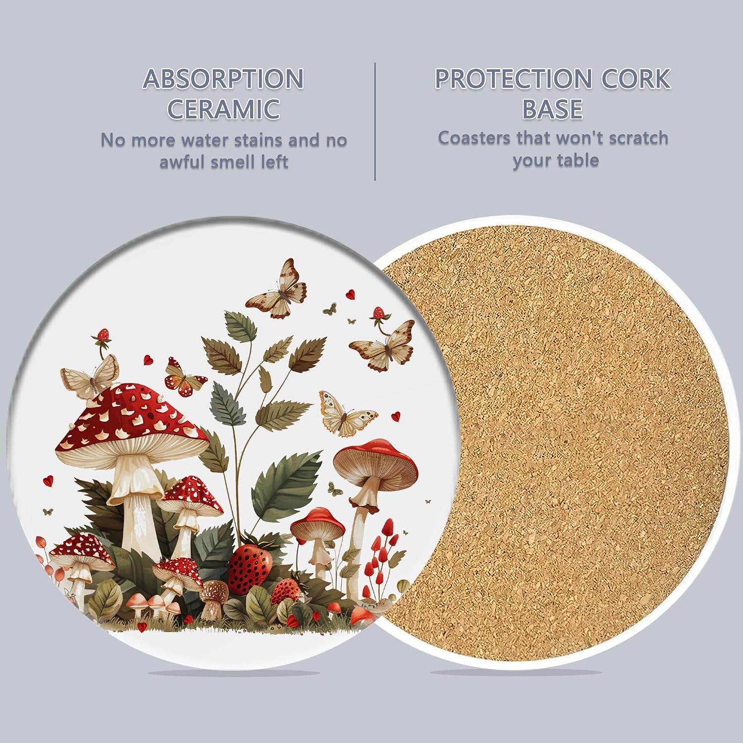 Holder / Absorbent Ceramic Drink Coaster for Tabletop / Mushroom Butterfly / Set of 6