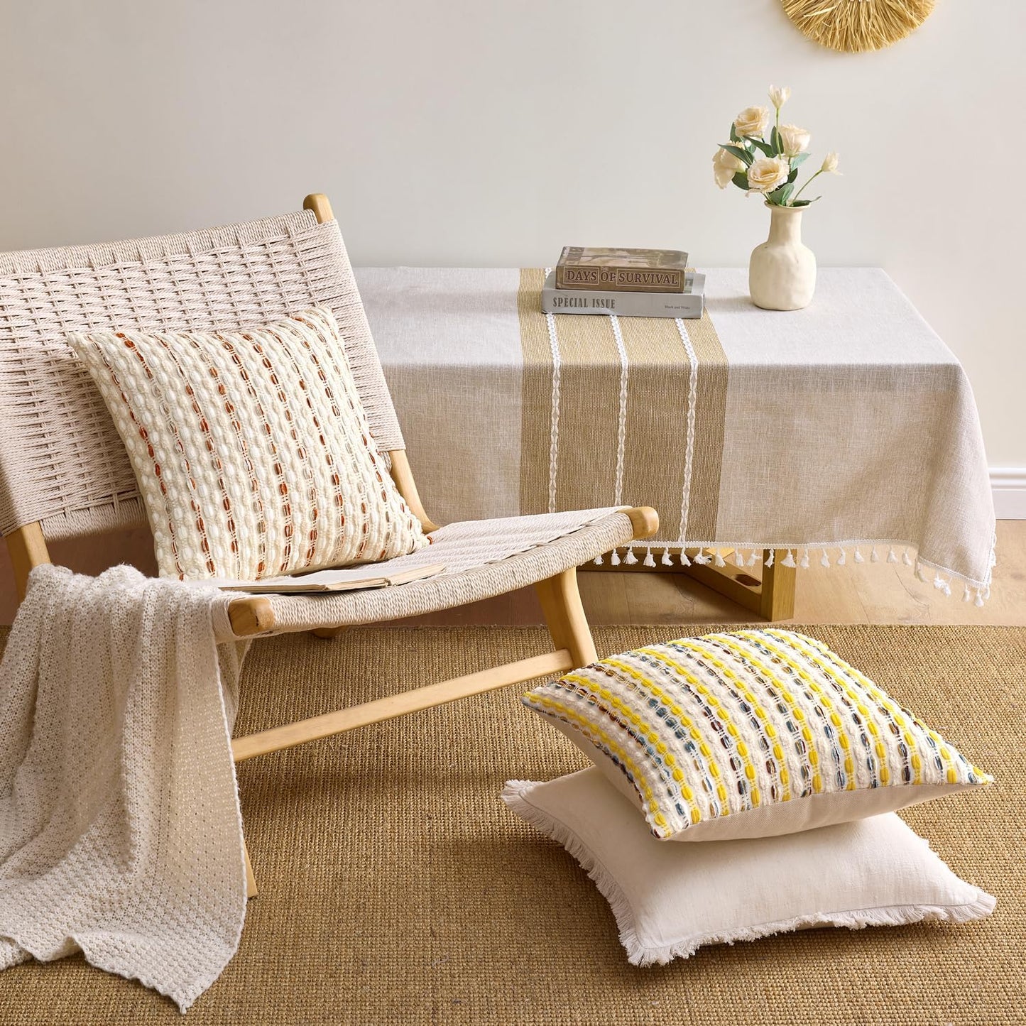 Boho Chenille Textured Tufted Pillow Covers Woven Decorative Throw / Cream Rust / 18 x 18 / Set of 2