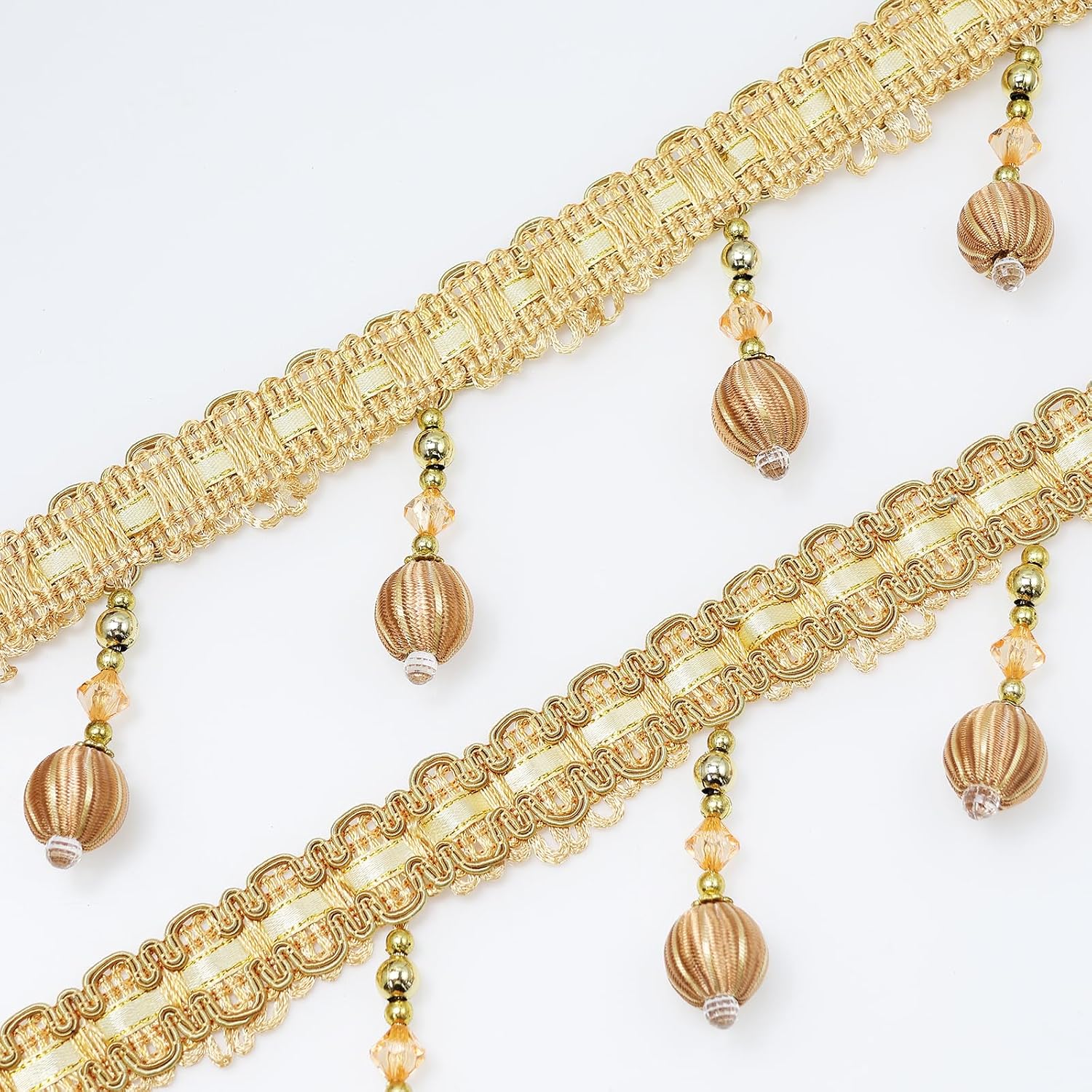 4 Yard Beaded Pendant Hanging Ball Tassel Fringe Trim Macrame for Curtain Tablecloth Home / Gold
