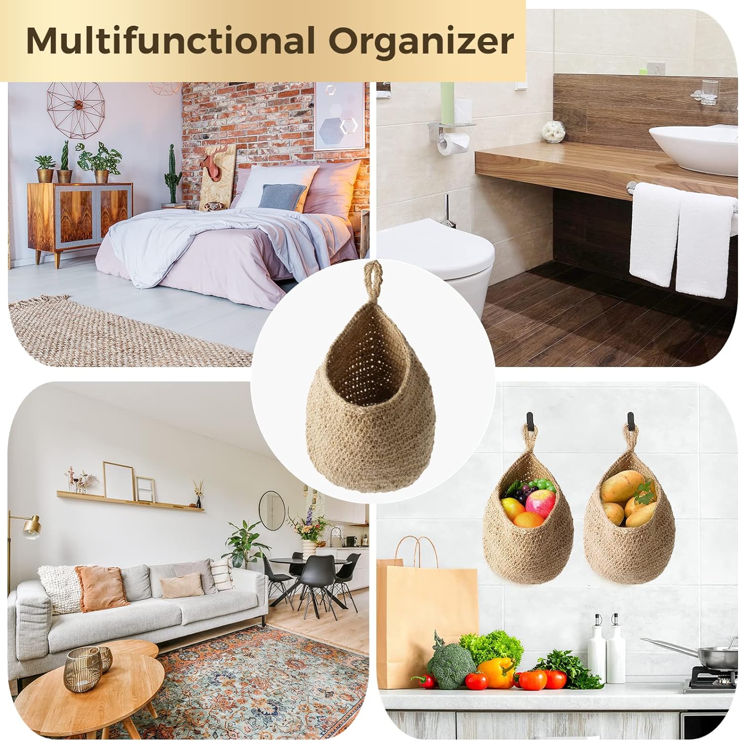Jute Hanging Fruit Baskets / Light Brown / Set of 2