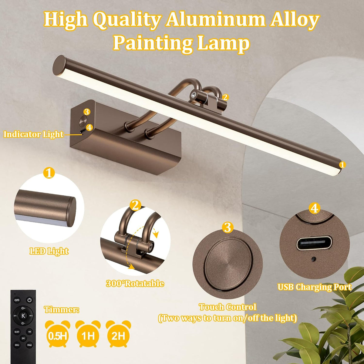 Picture Lights for Wall, 13.8in, Brown, 4000mAh, Rechargeable Remote | Magnetic LED Art Display Light with 3 Color